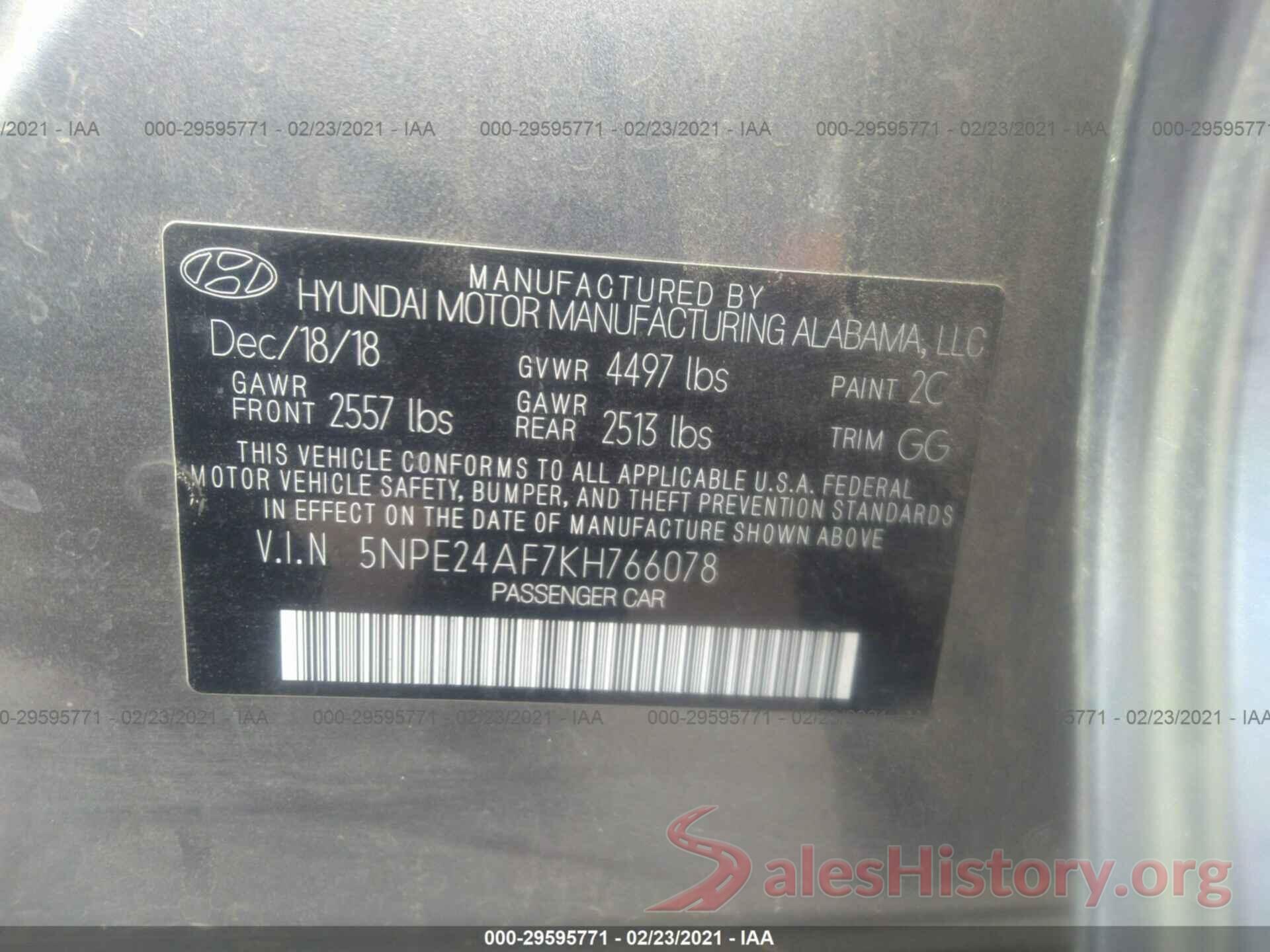 5NPE24AF7KH766078 2019 HYUNDAI SONATA