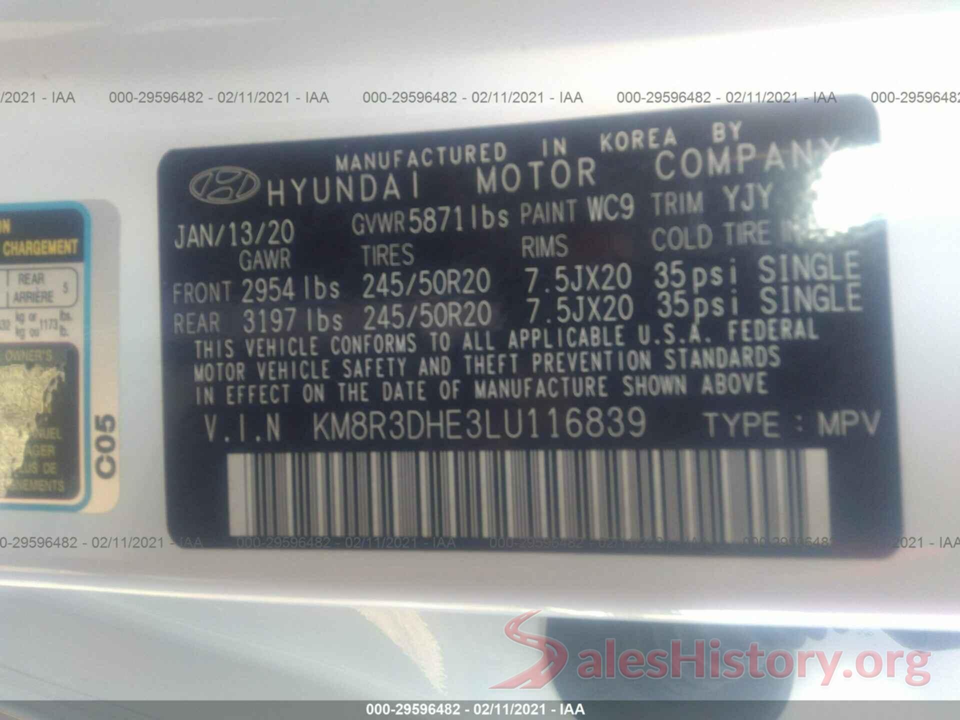 KM8R3DHE3LU116839 2020 HYUNDAI PALISADE