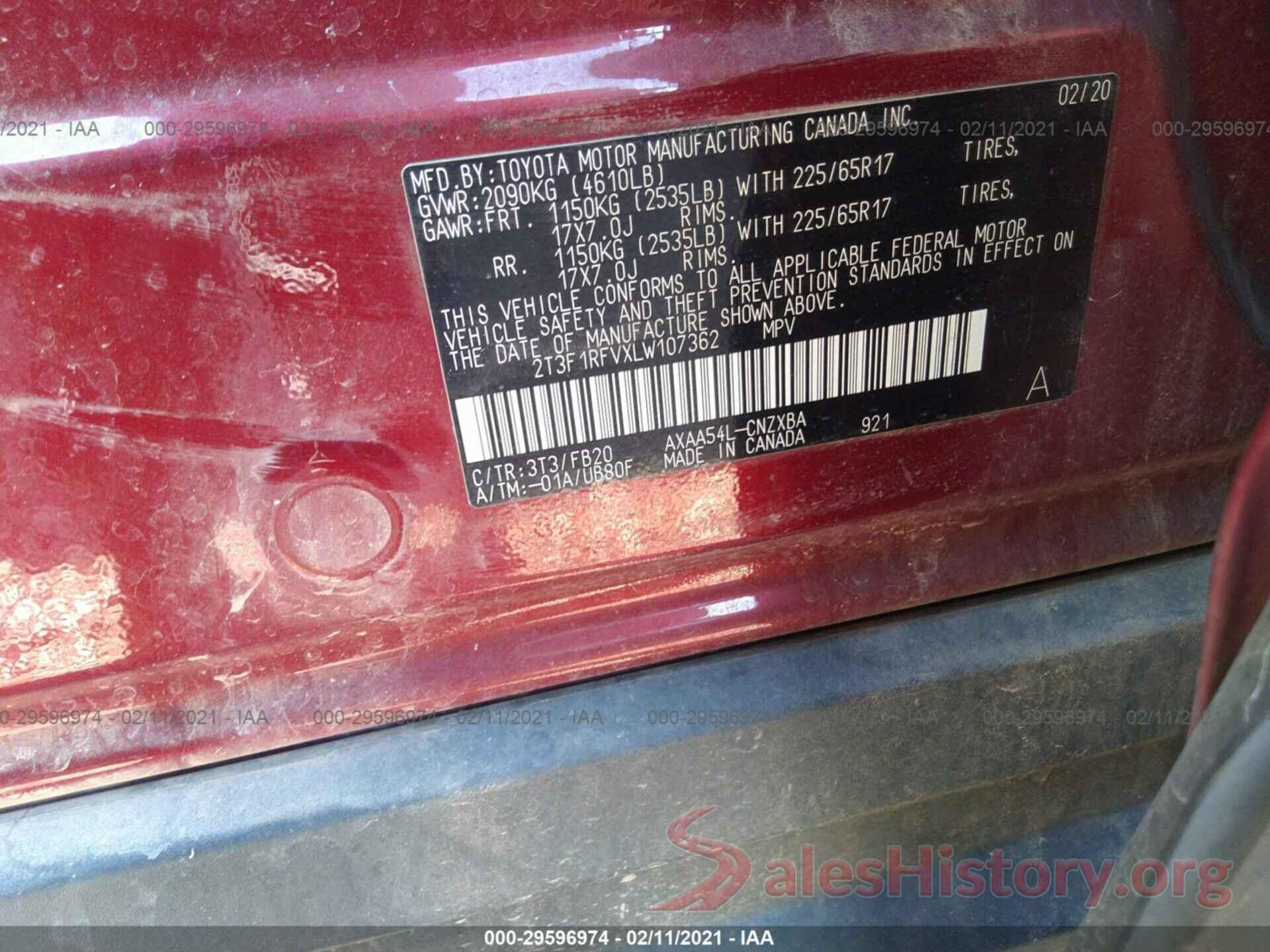 2T3F1RFVXLW107362 2020 TOYOTA RAV4