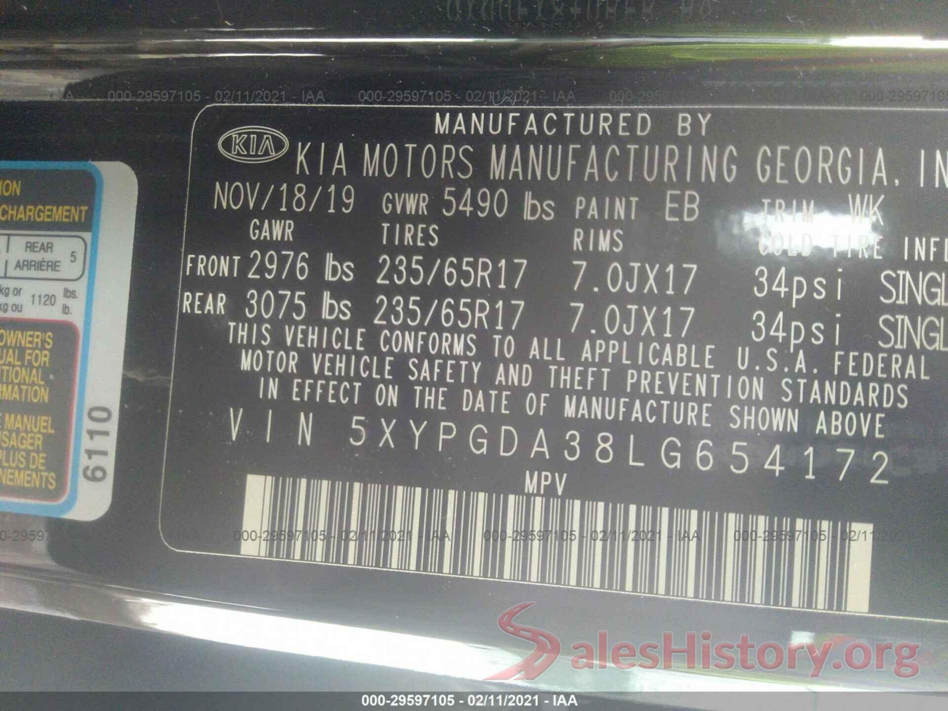 5XYPGDA38LG654172 2020 KIA SORENTO