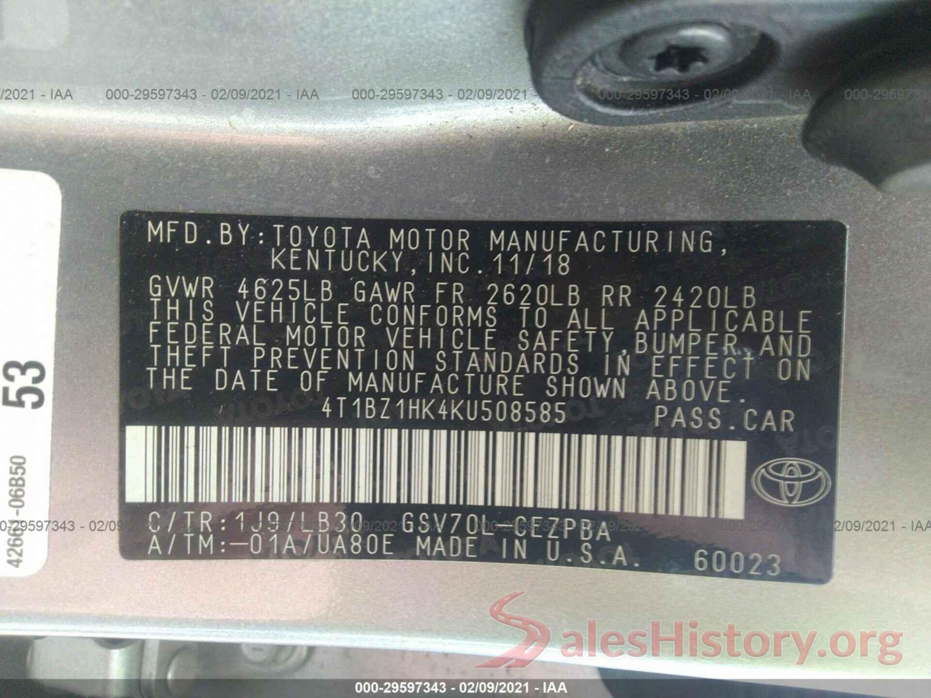 4T1BZ1HK4KU508585 2019 TOYOTA CAMRY