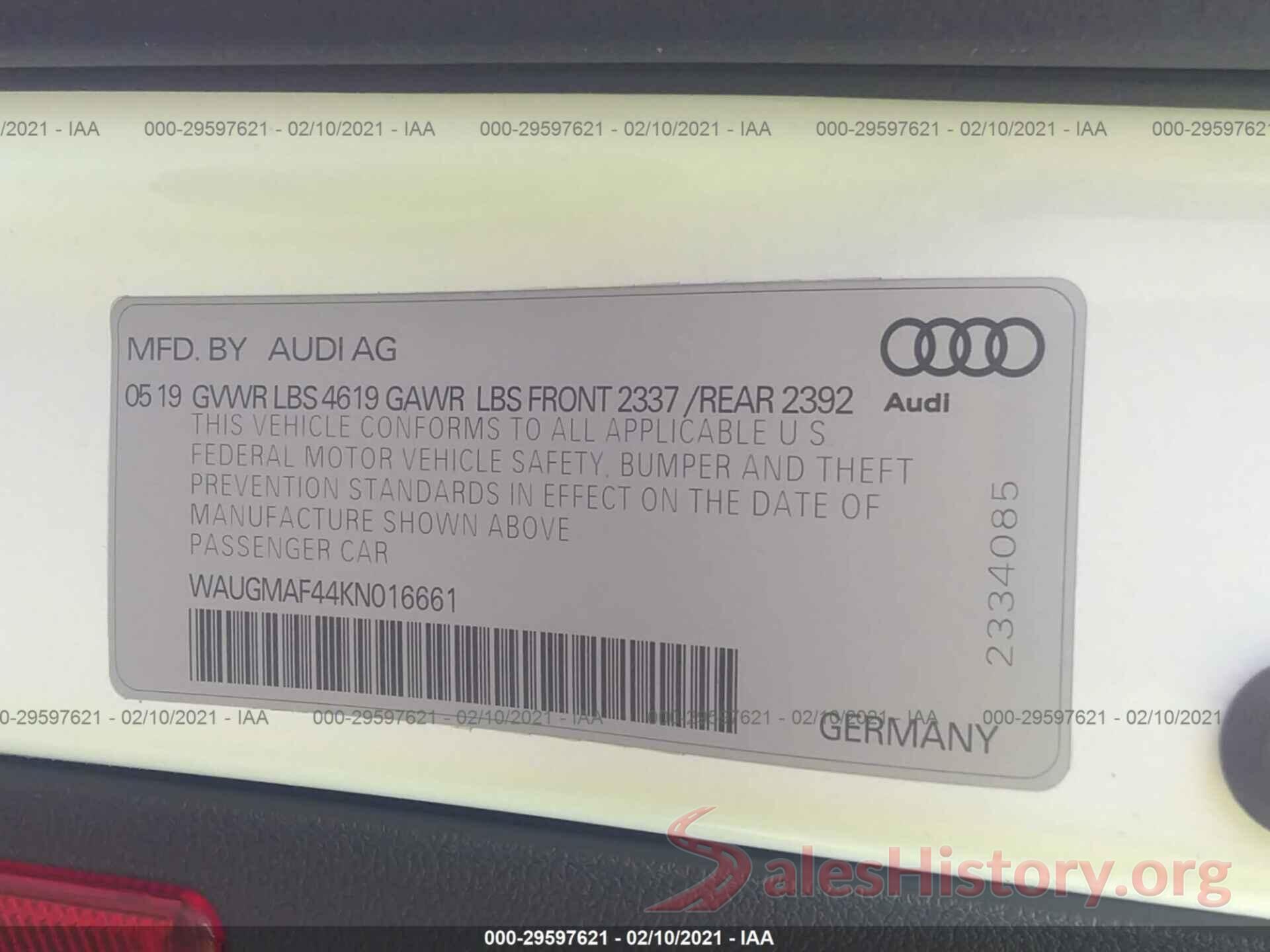 WAUGMAF44KN016661 2019 AUDI A4