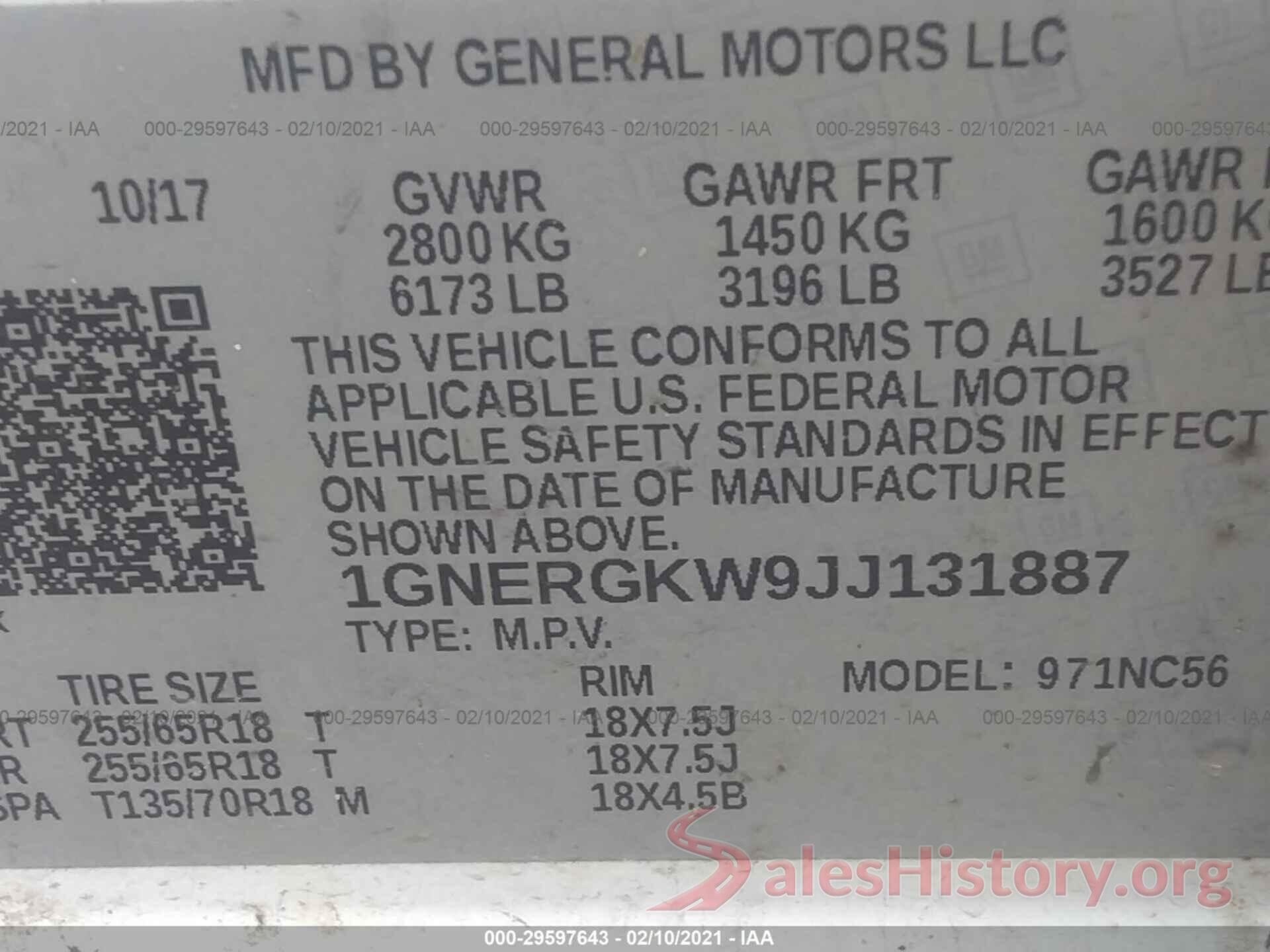 1GNERGKW9JJ131887 2018 CHEVROLET TRAVERSE