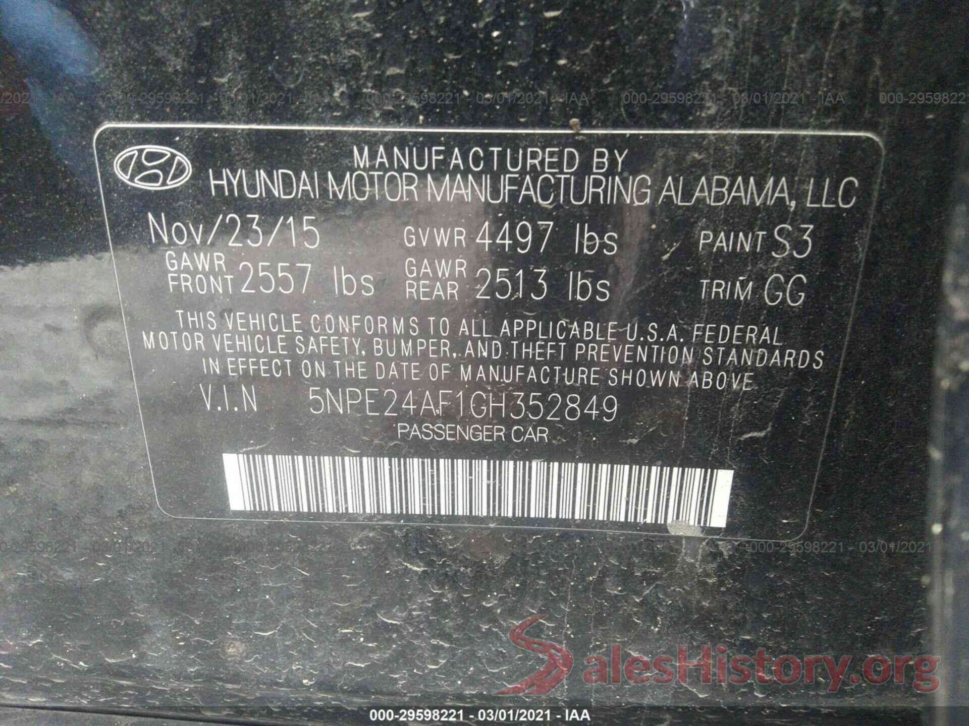 5NPE24AF1GH352849 2016 HYUNDAI SONATA