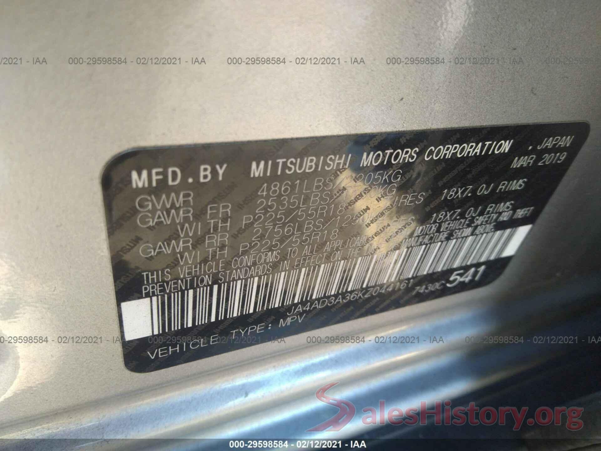 JA4AD3A36KZ044161 2019 MITSUBISHI OUTLANDER