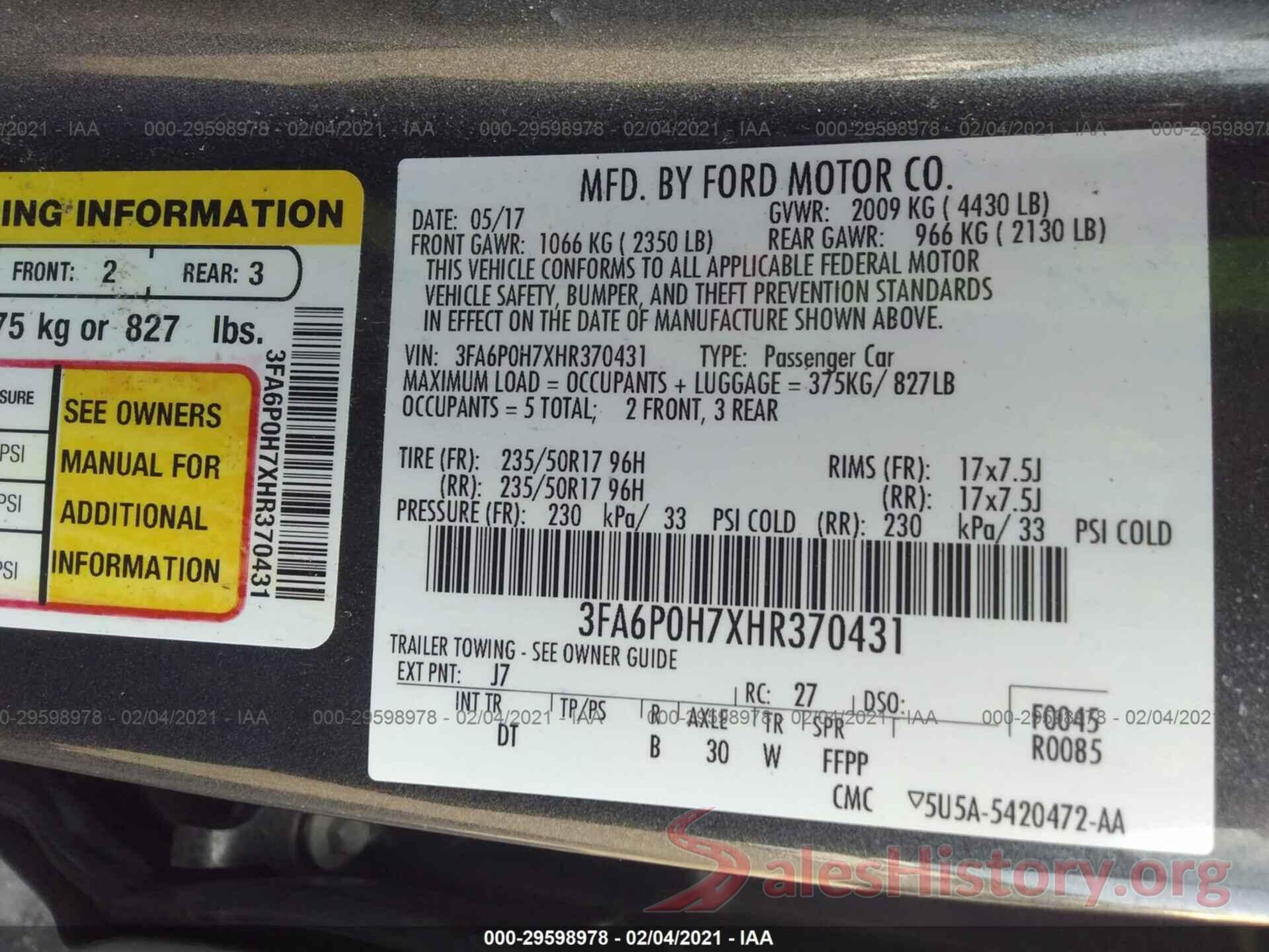 3FA6P0H7XHR370431 2017 FORD FUSION