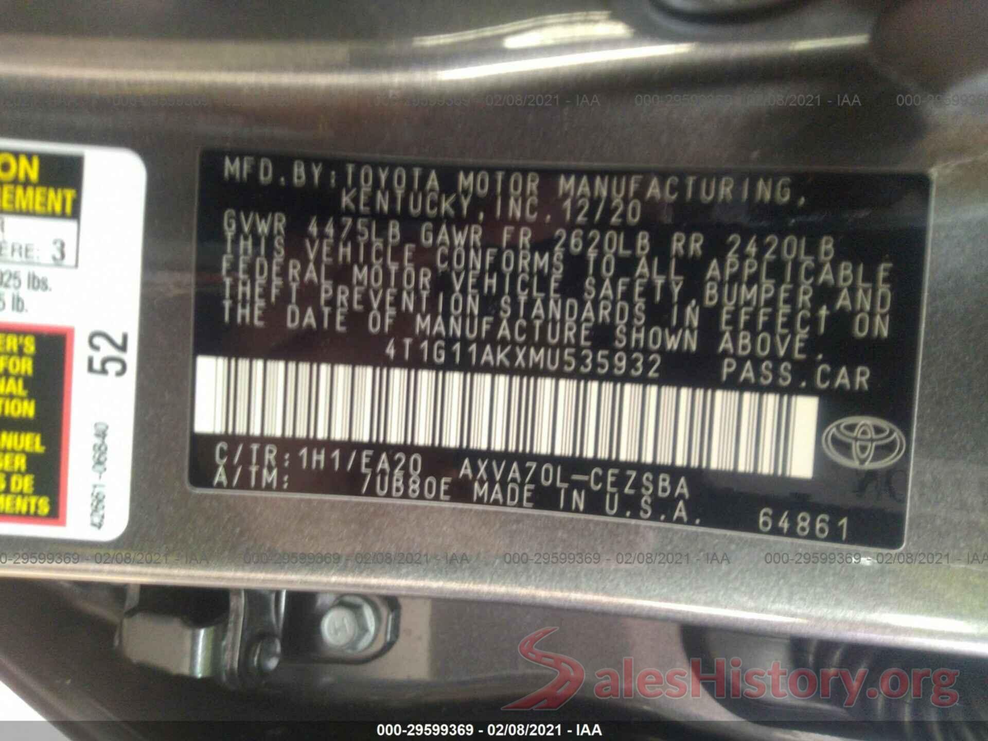 4T1G11AKXMU535932 2021 TOYOTA CAMRY