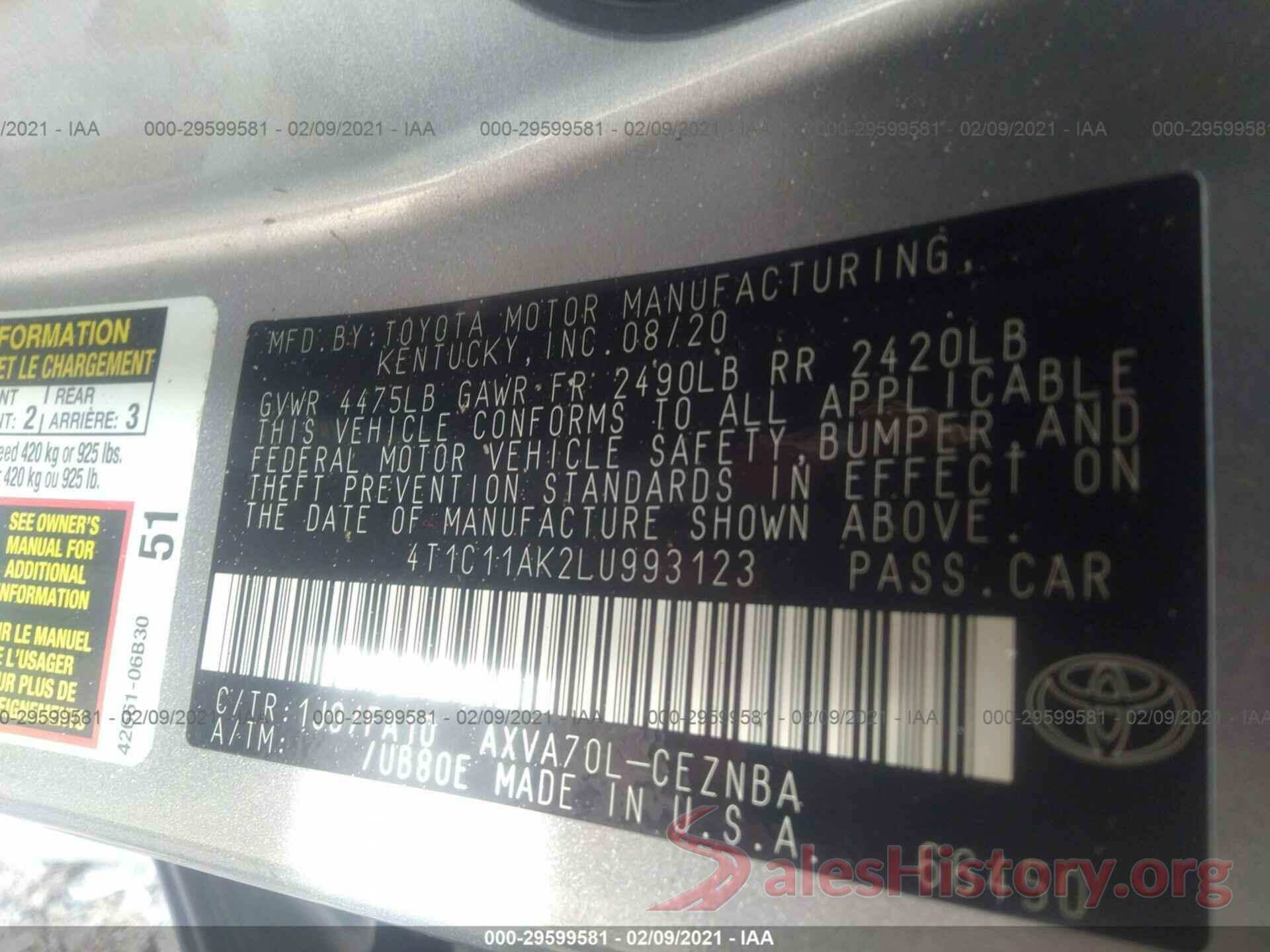 4T1C11AK2LU993123 2020 TOYOTA CAMRY