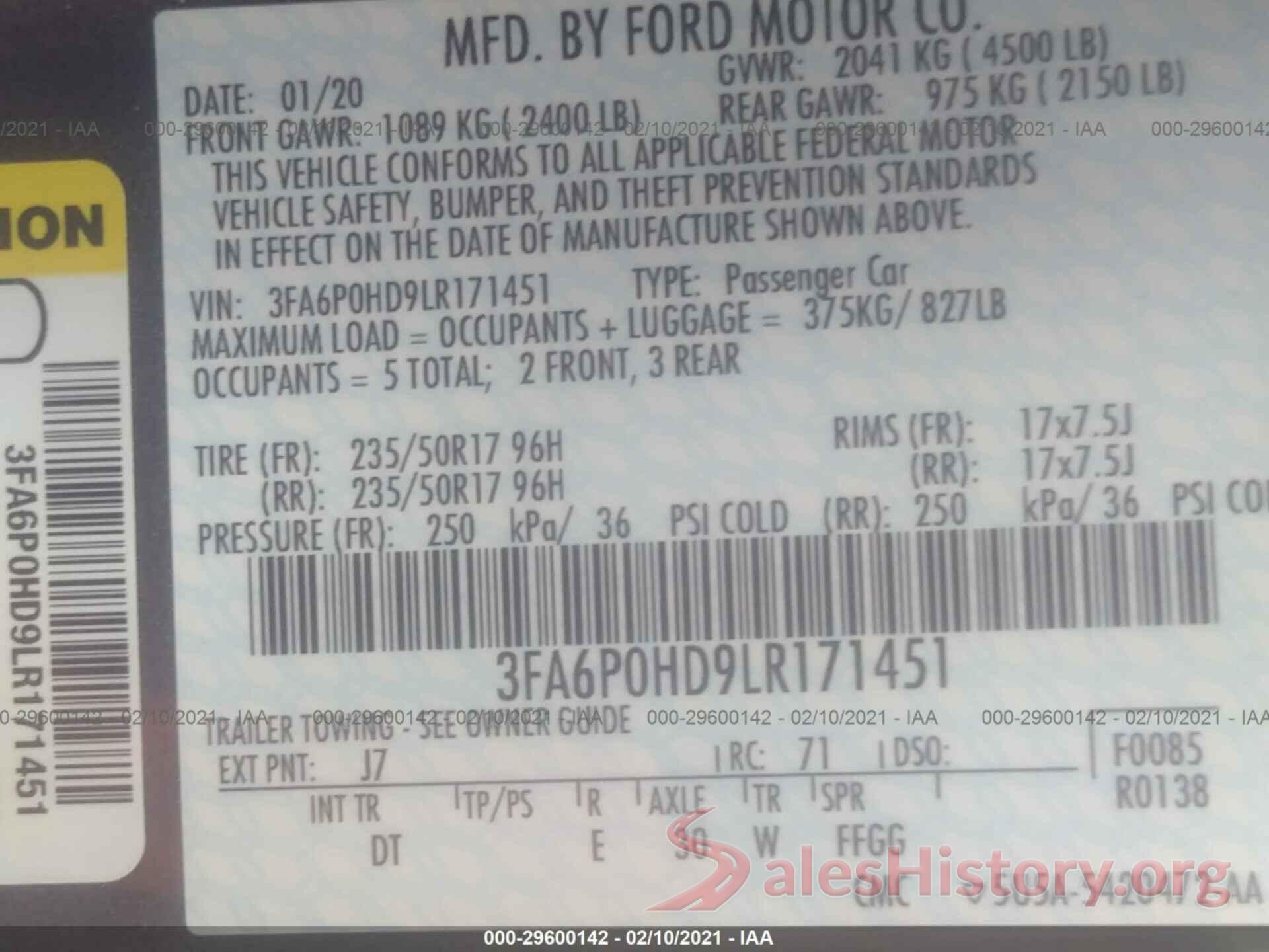 3FA6P0HD9LR171451 2020 FORD FUSION