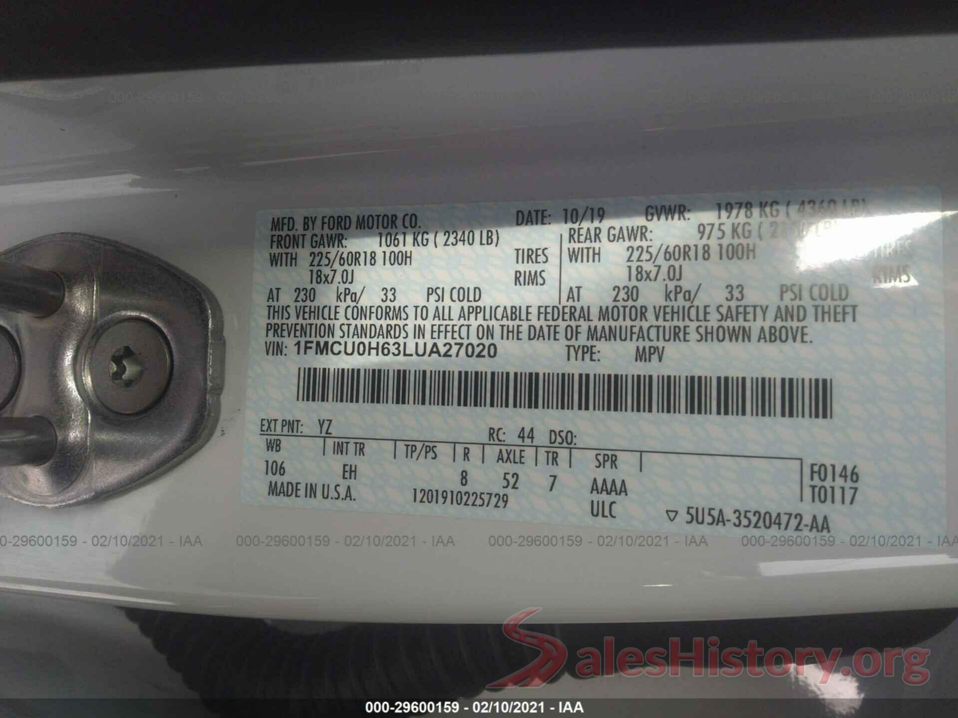 1FMCU0H63LUA27020 2020 FORD ESCAPE