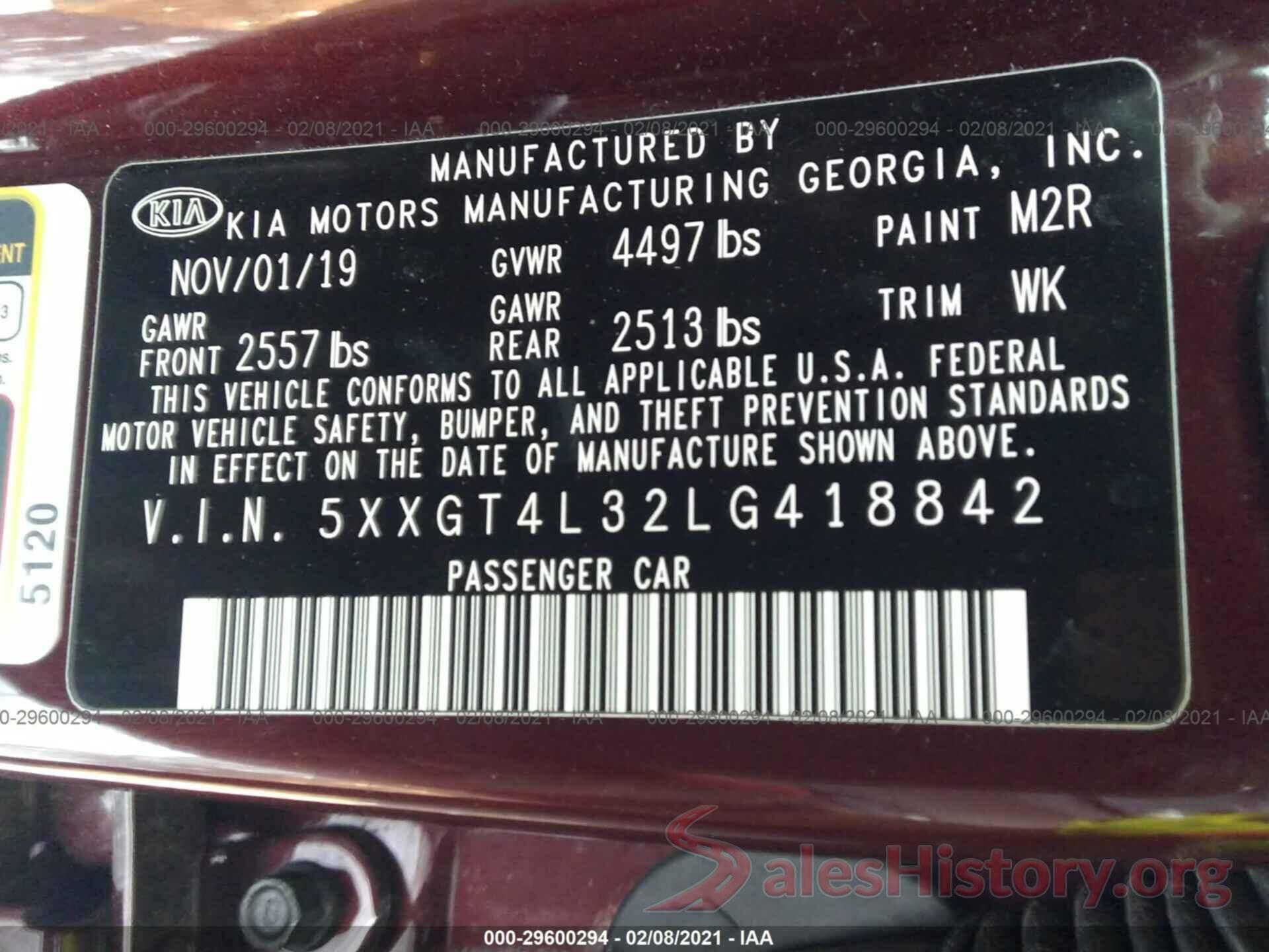 5XXGT4L32LG418842 2020 KIA OPTIMA