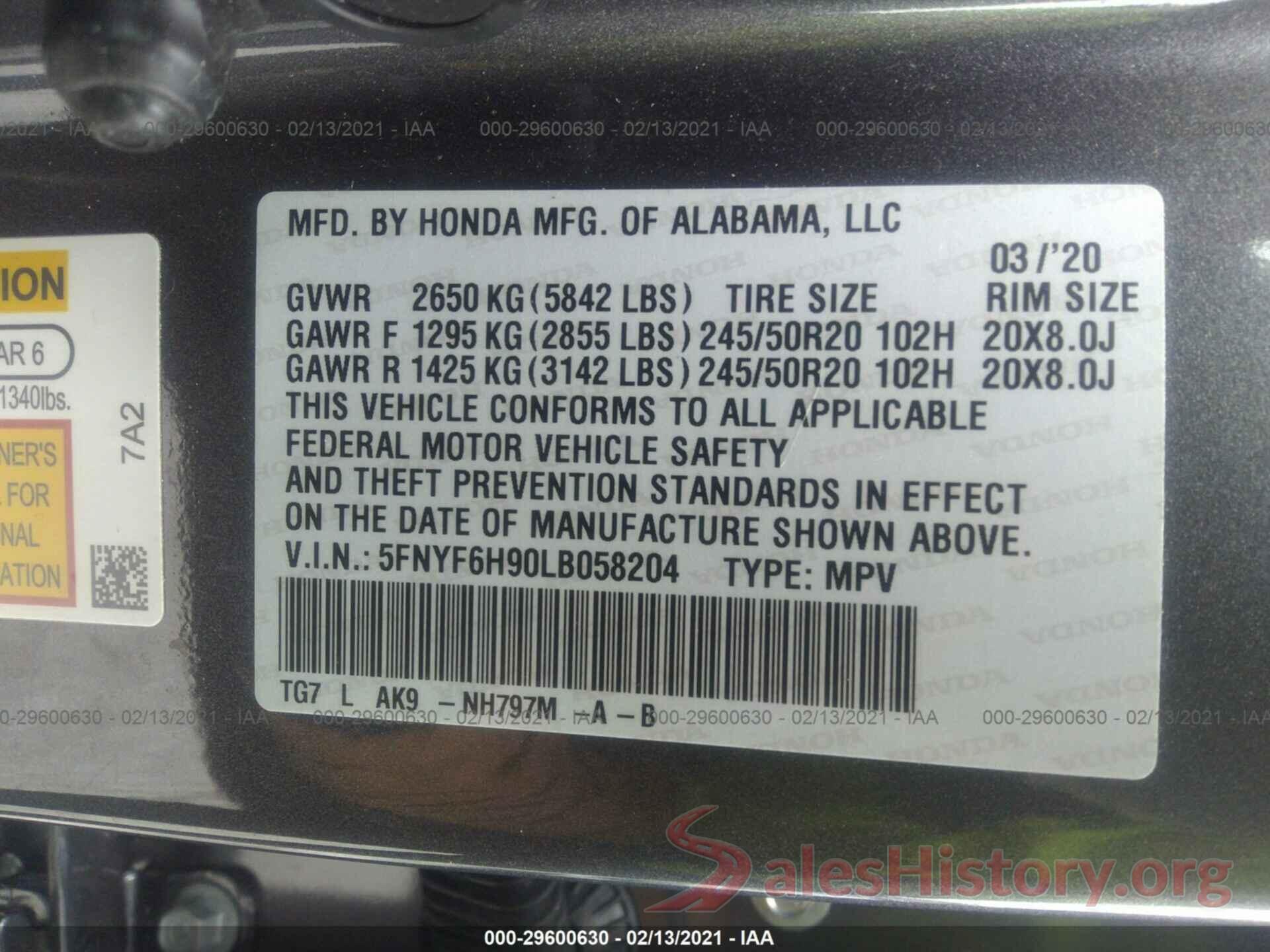 5FNYF6H90LB058204 2020 HONDA PILOT