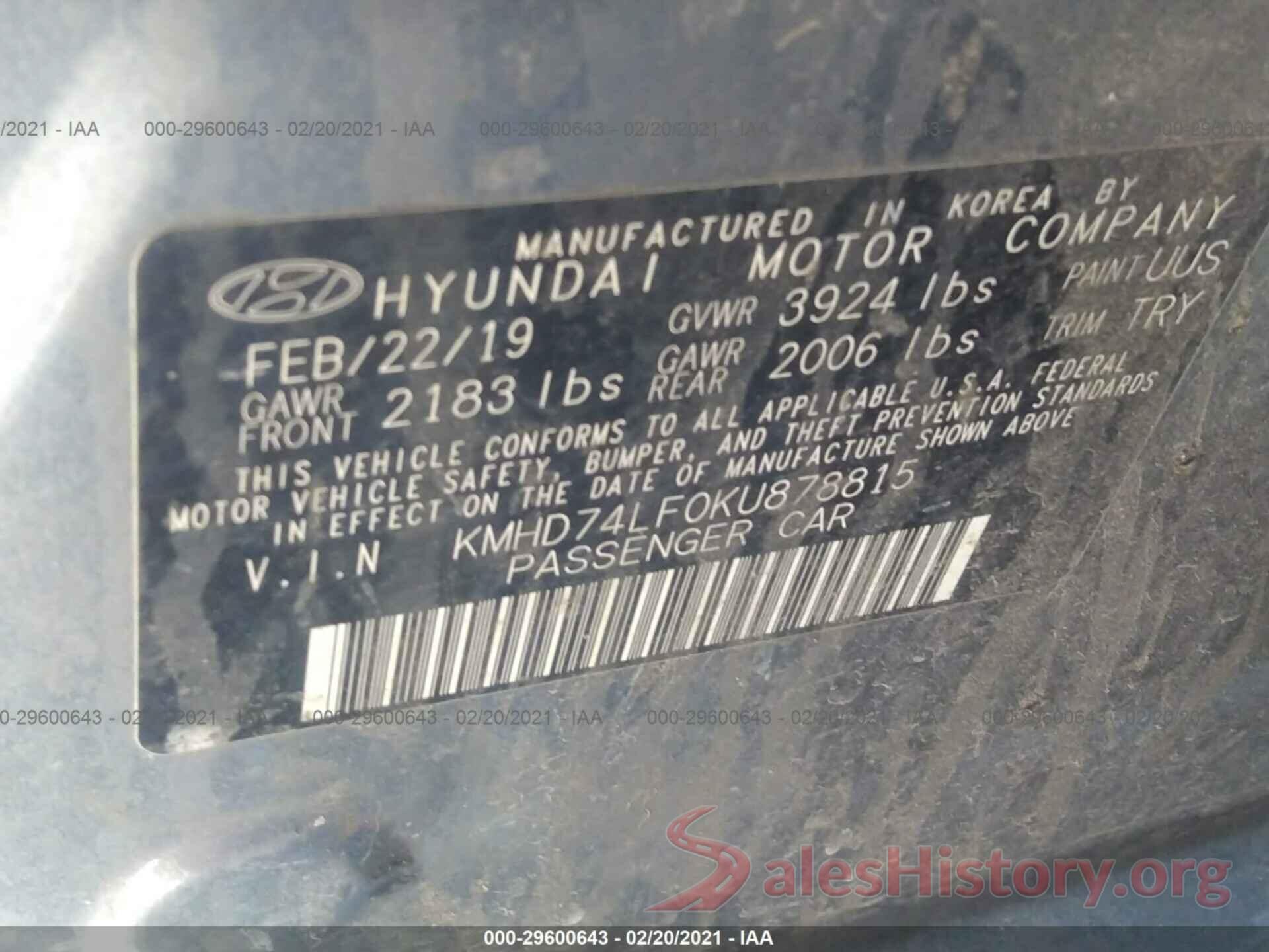 KMHD74LF0KU878815 2019 HYUNDAI ELANTRA