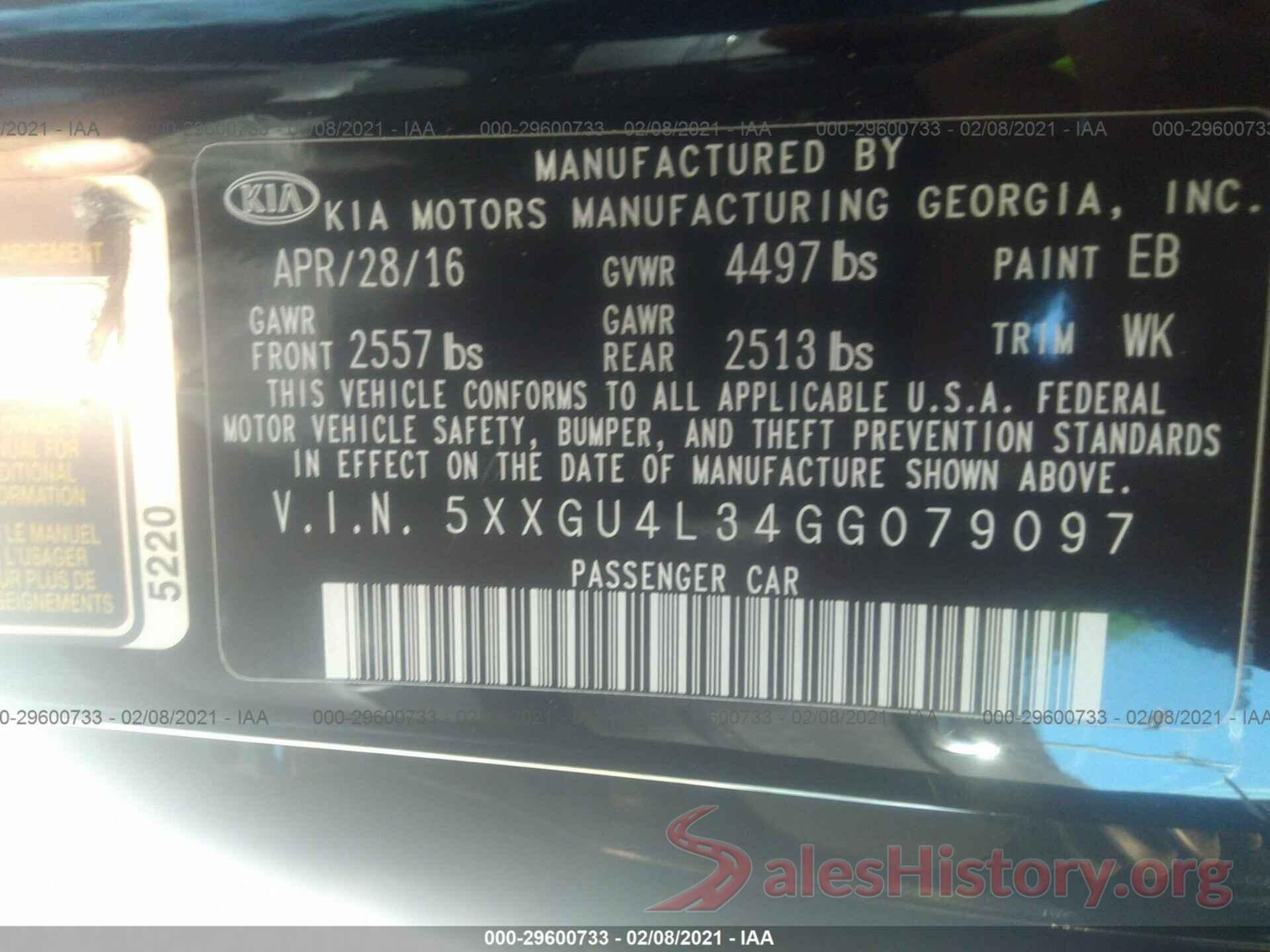 5XXGU4L34GG079097 2016 KIA OPTIMA