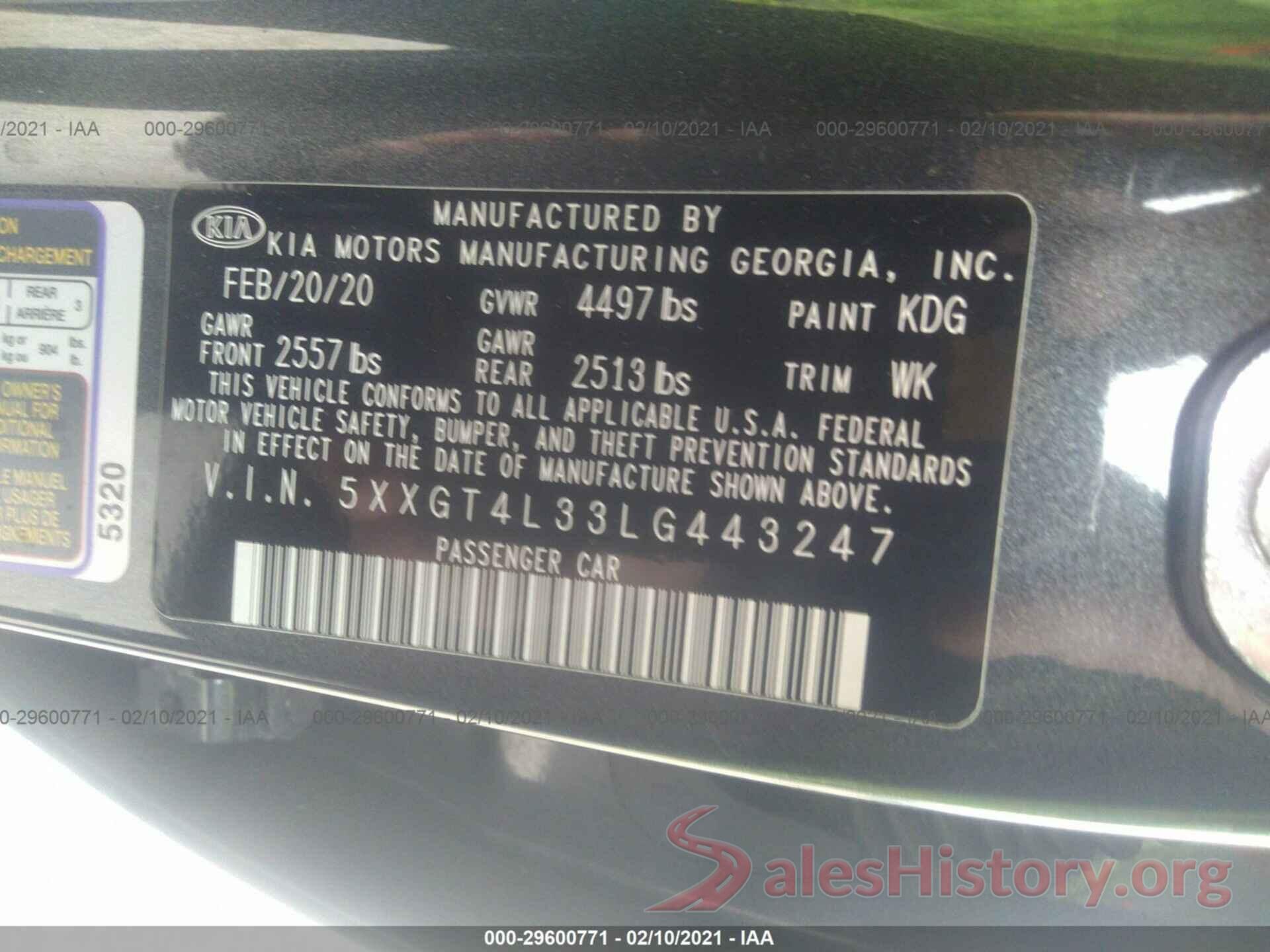 5XXGT4L33LG443247 2020 KIA OPTIMA