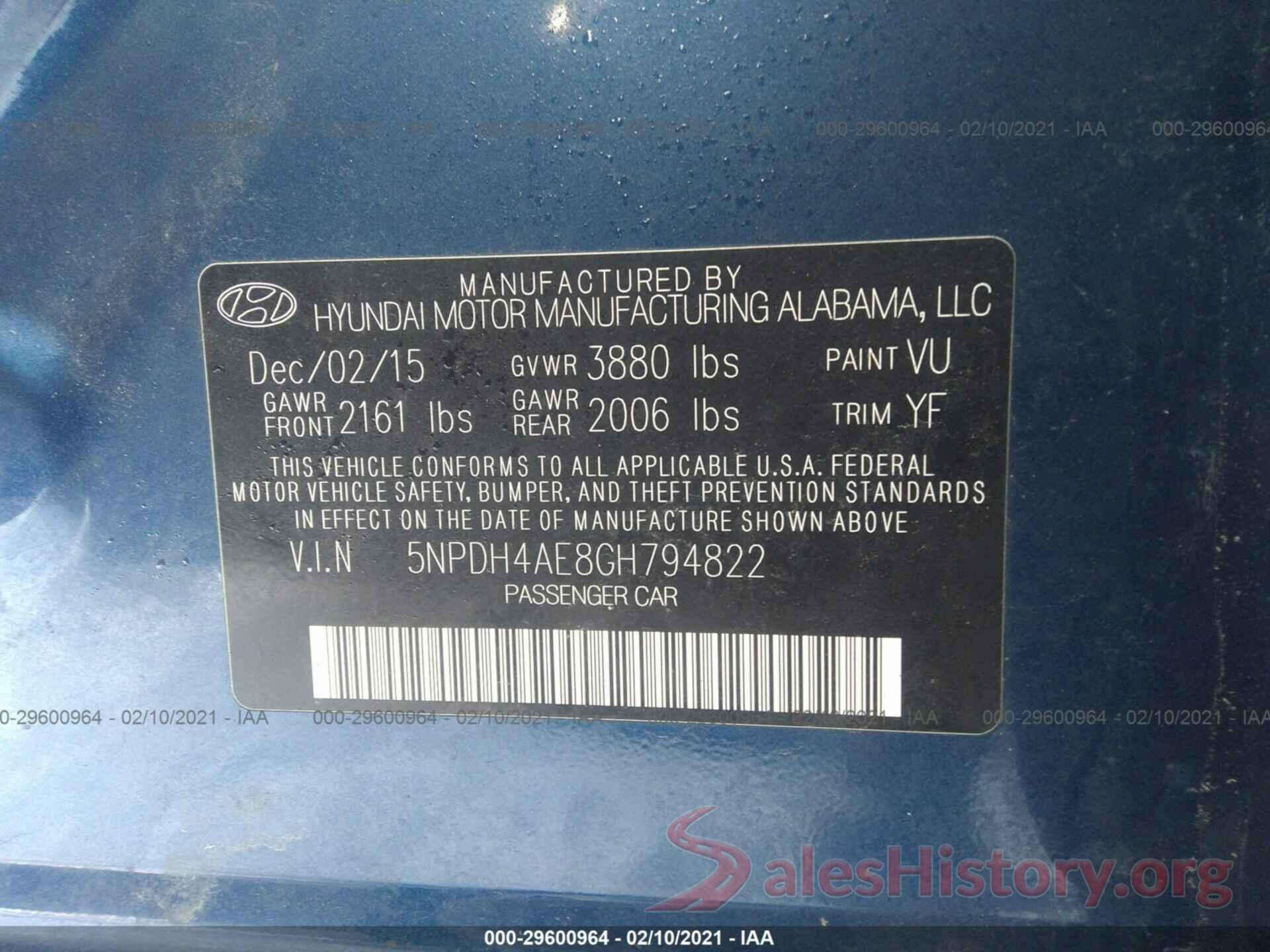 5NPDH4AE8GH794822 2016 HYUNDAI ELANTRA