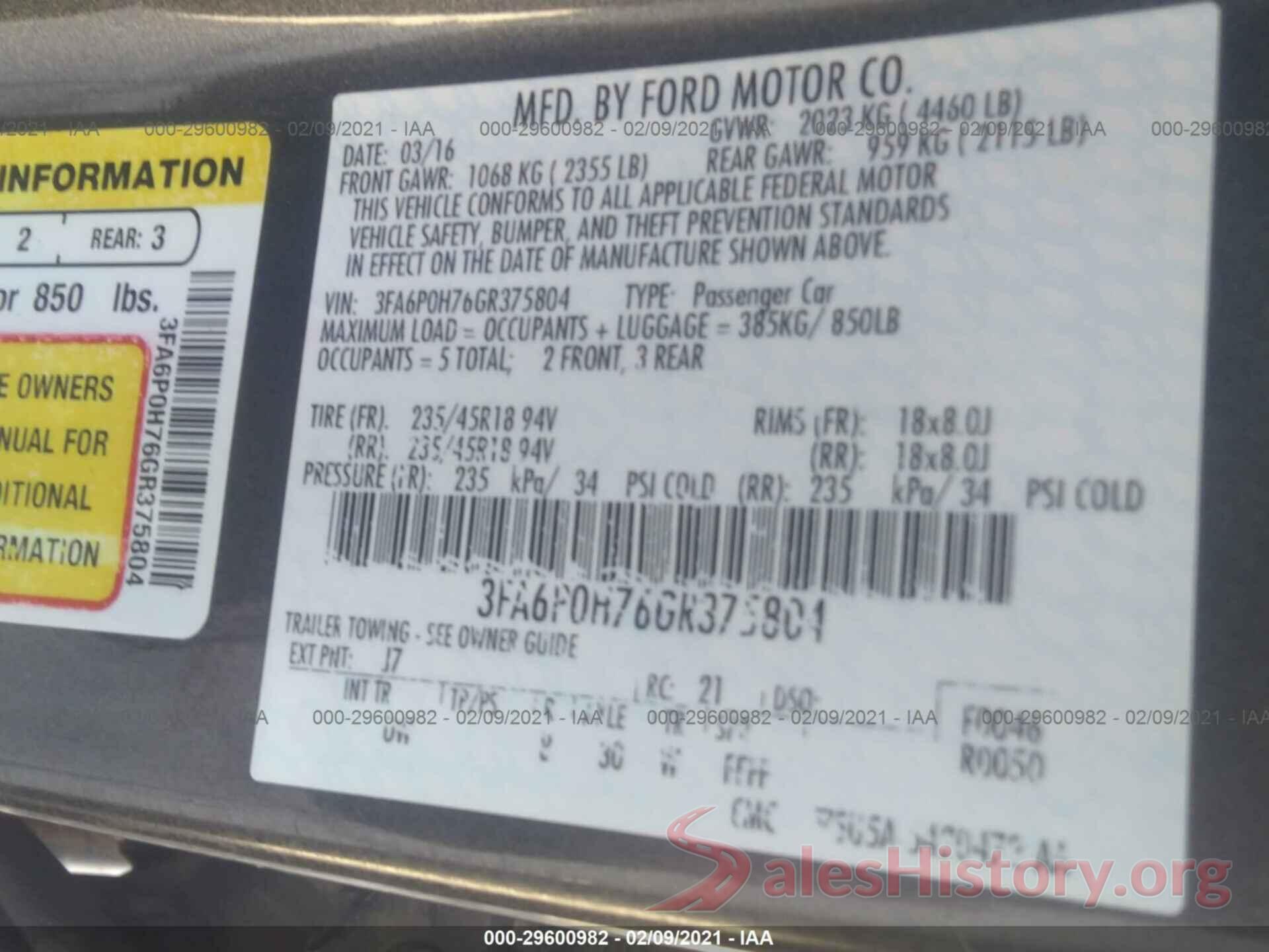 3FA6P0H76GR375804 2016 FORD FUSION