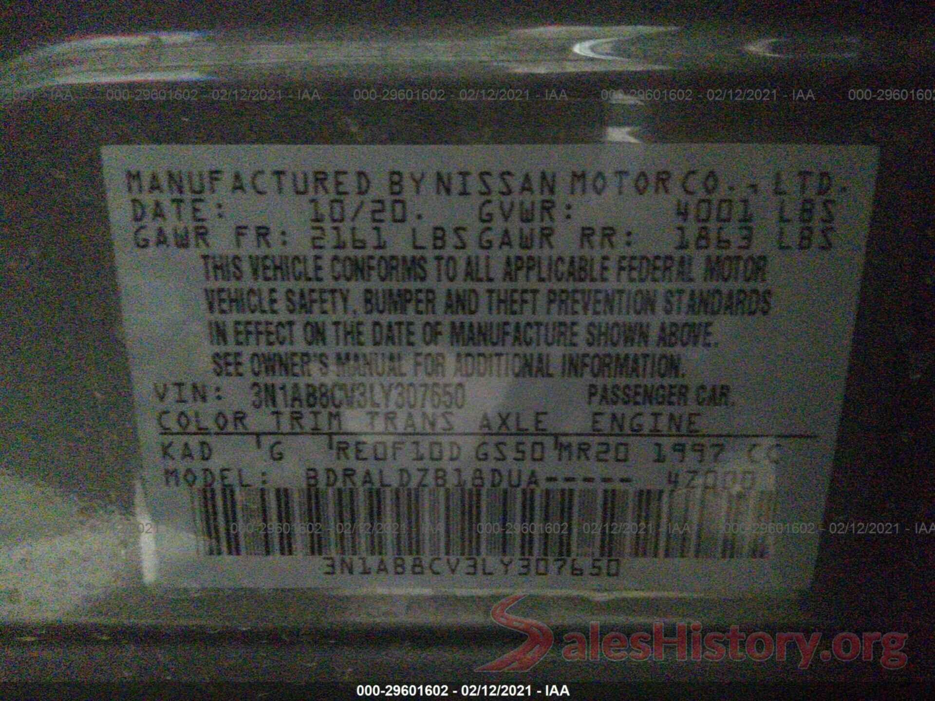 3N1AB8CV3LY307650 2020 NISSAN SENTRA