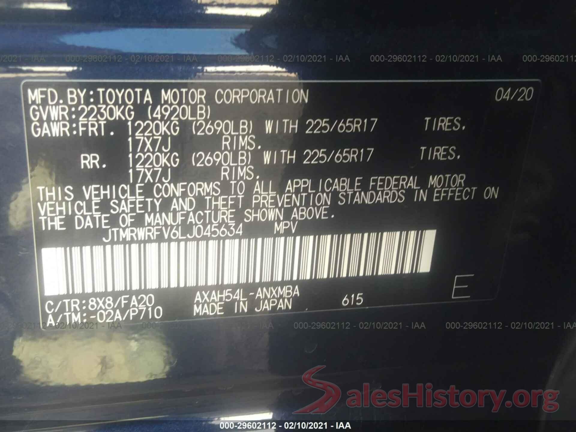 JTMRWRFV6LJ045634 2020 TOYOTA RAV4