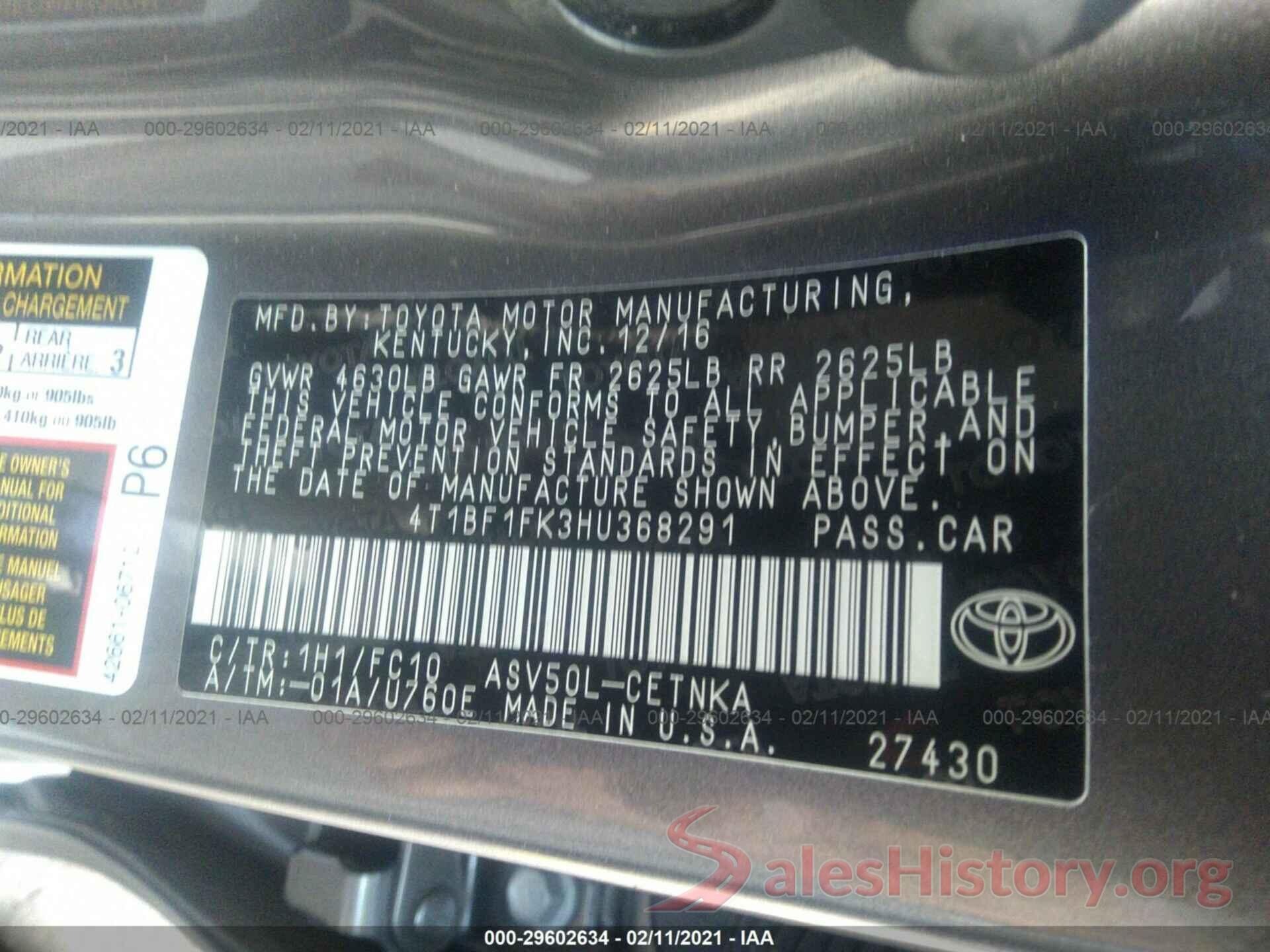 4T1BF1FK3HU368291 2017 TOYOTA CAMRY