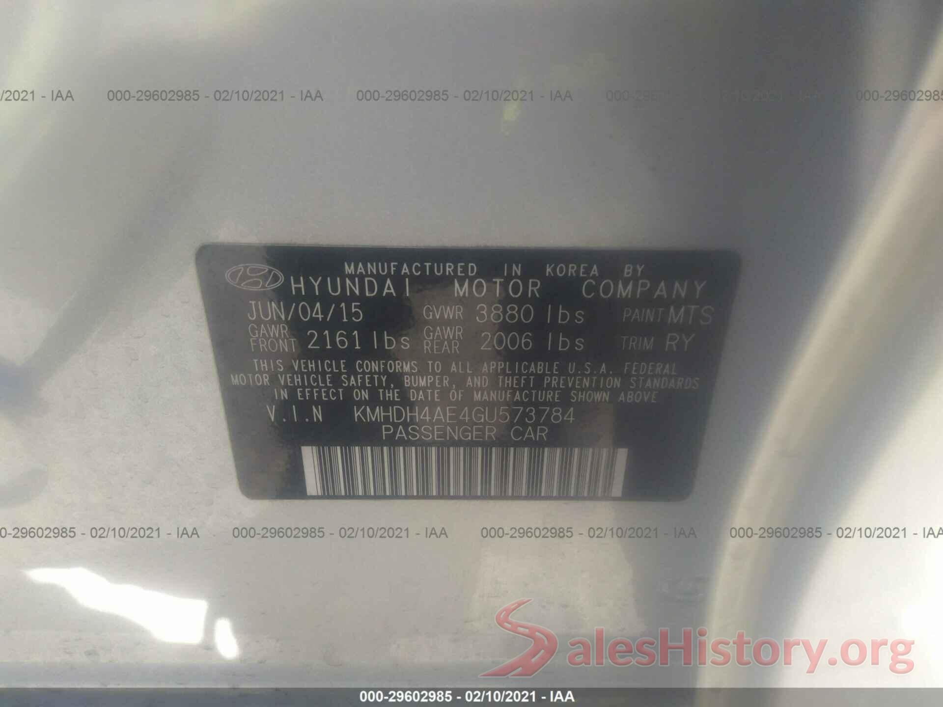 KMHDH4AE4GU573784 2016 HYUNDAI ELANTRA