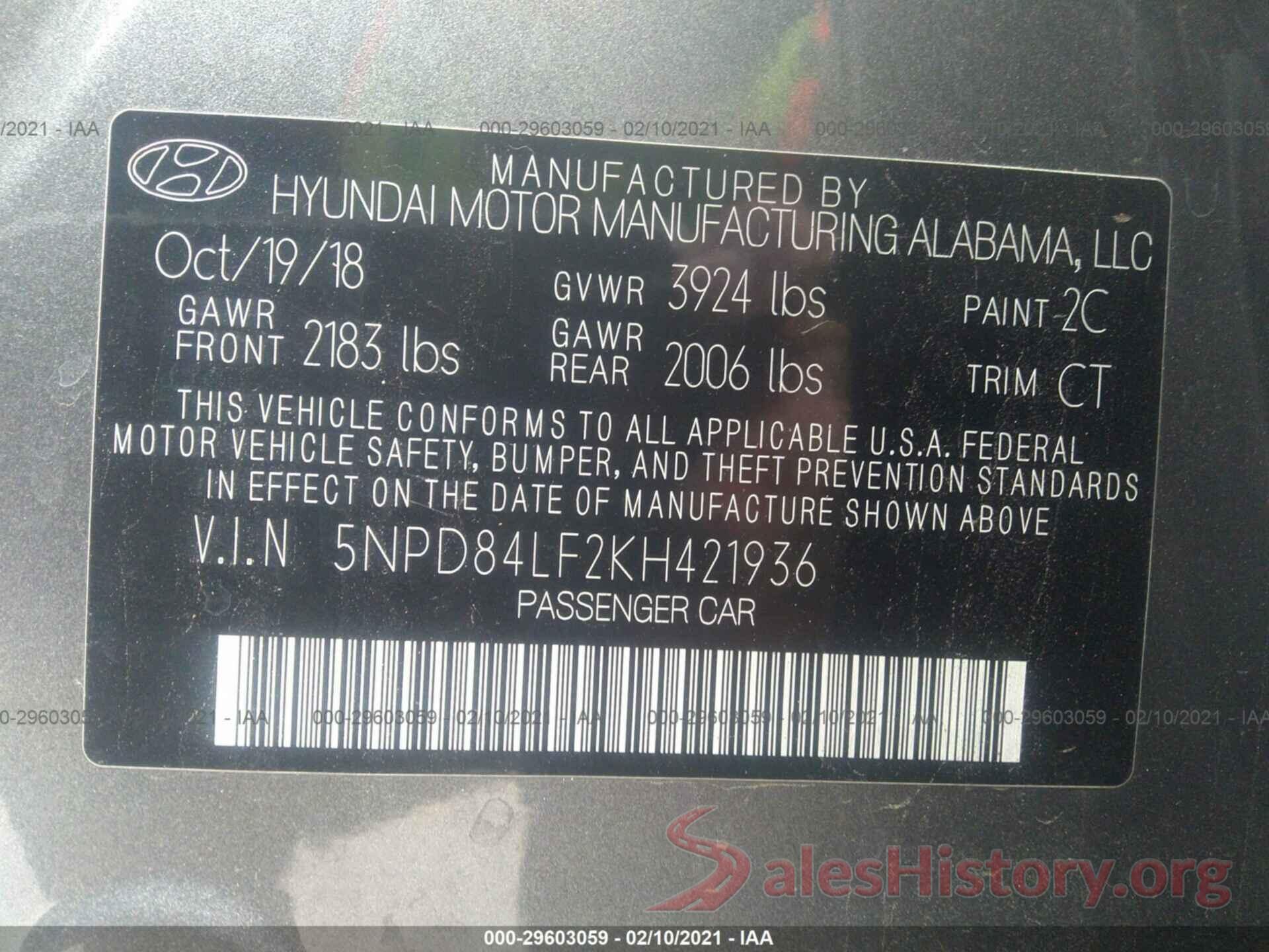 5NPD84LF2KH421936 2019 HYUNDAI ELANTRA