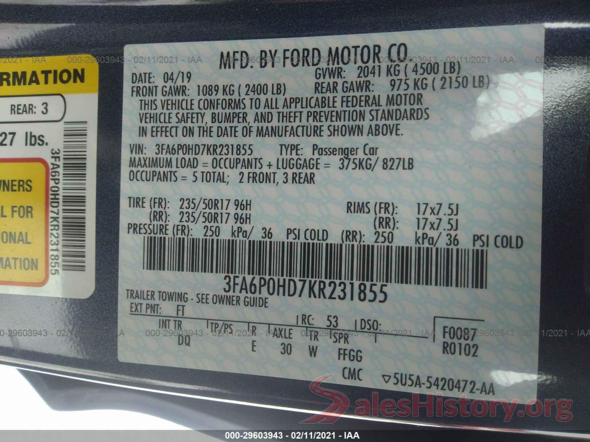 3FA6P0HD7KR231855 2019 FORD FUSION