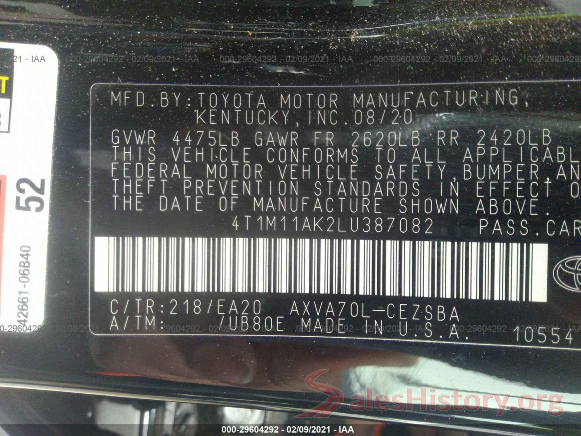 4T1M11AK2LU387082 2020 TOYOTA CAMRY