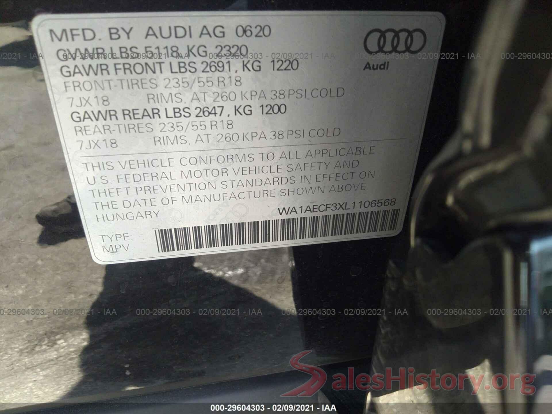 WA1AECF3XL1106568 2020 AUDI Q3