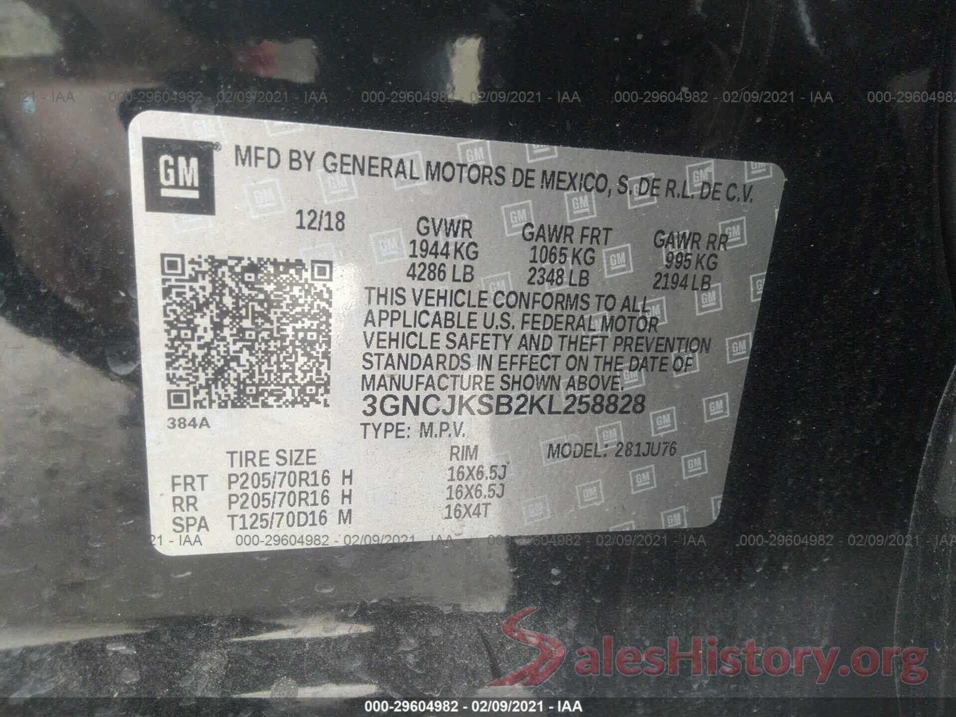 3GNCJKSB2KL258828 2019 CHEVROLET TRAX