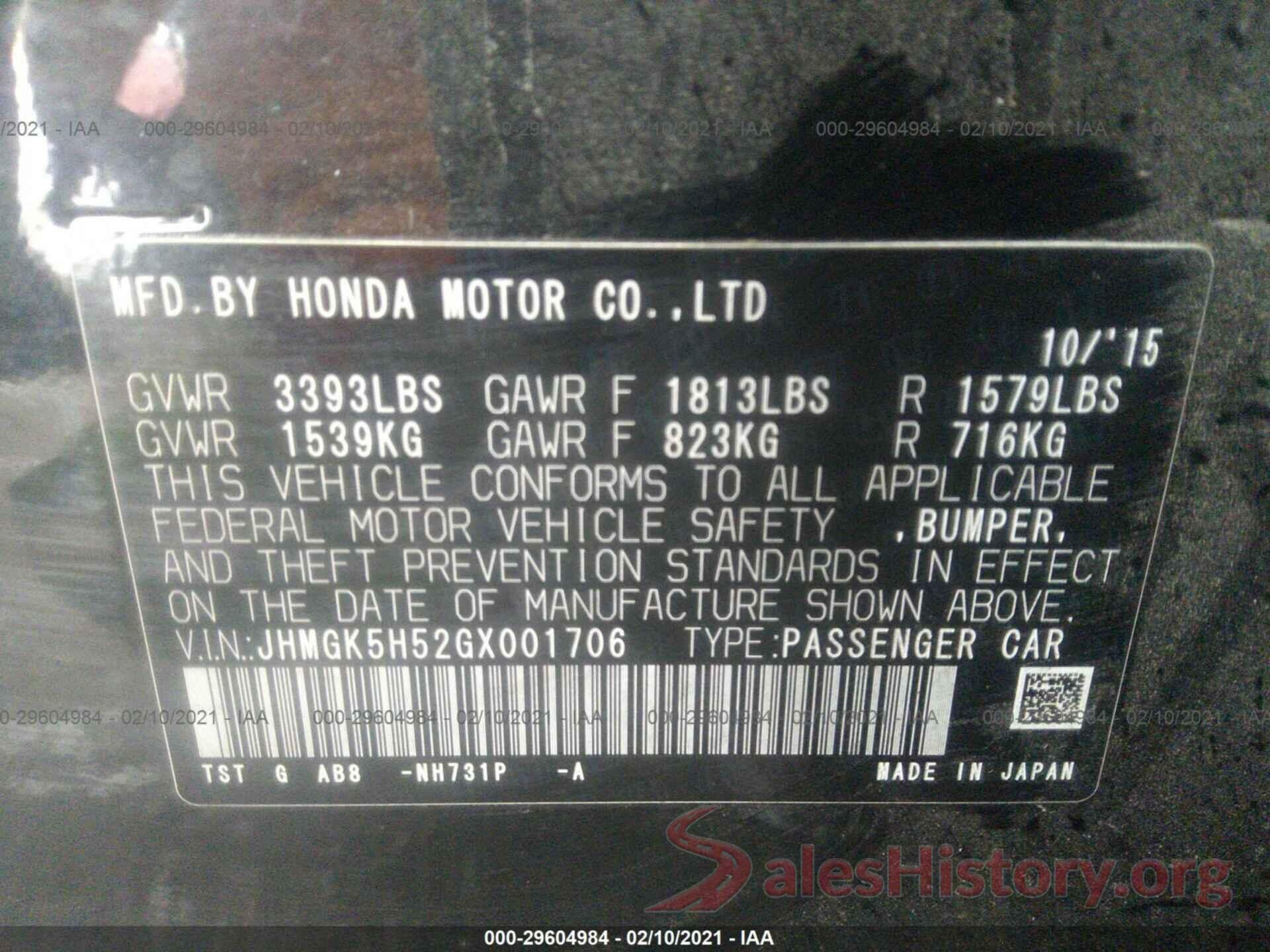 JHMGK5H52GX001706 2016 HONDA FIT