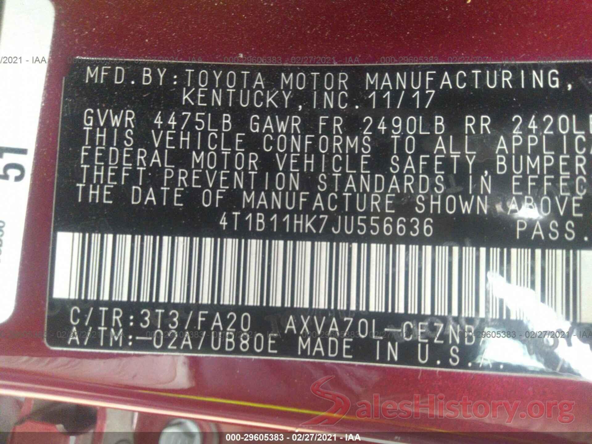 4T1B11HK7JU556636 2018 TOYOTA CAMRY