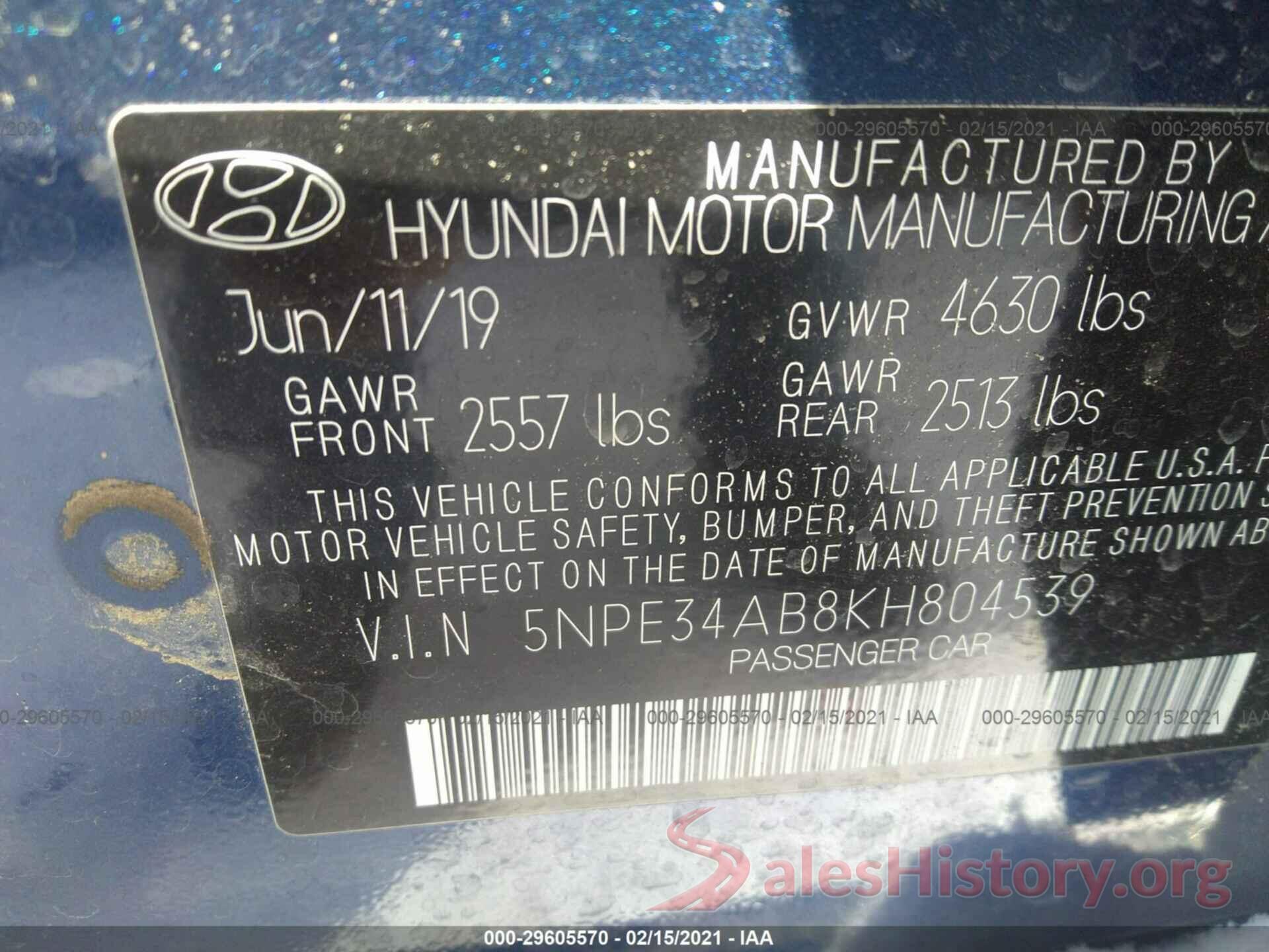 5NPE34AB8KH804539 2019 HYUNDAI SONATA