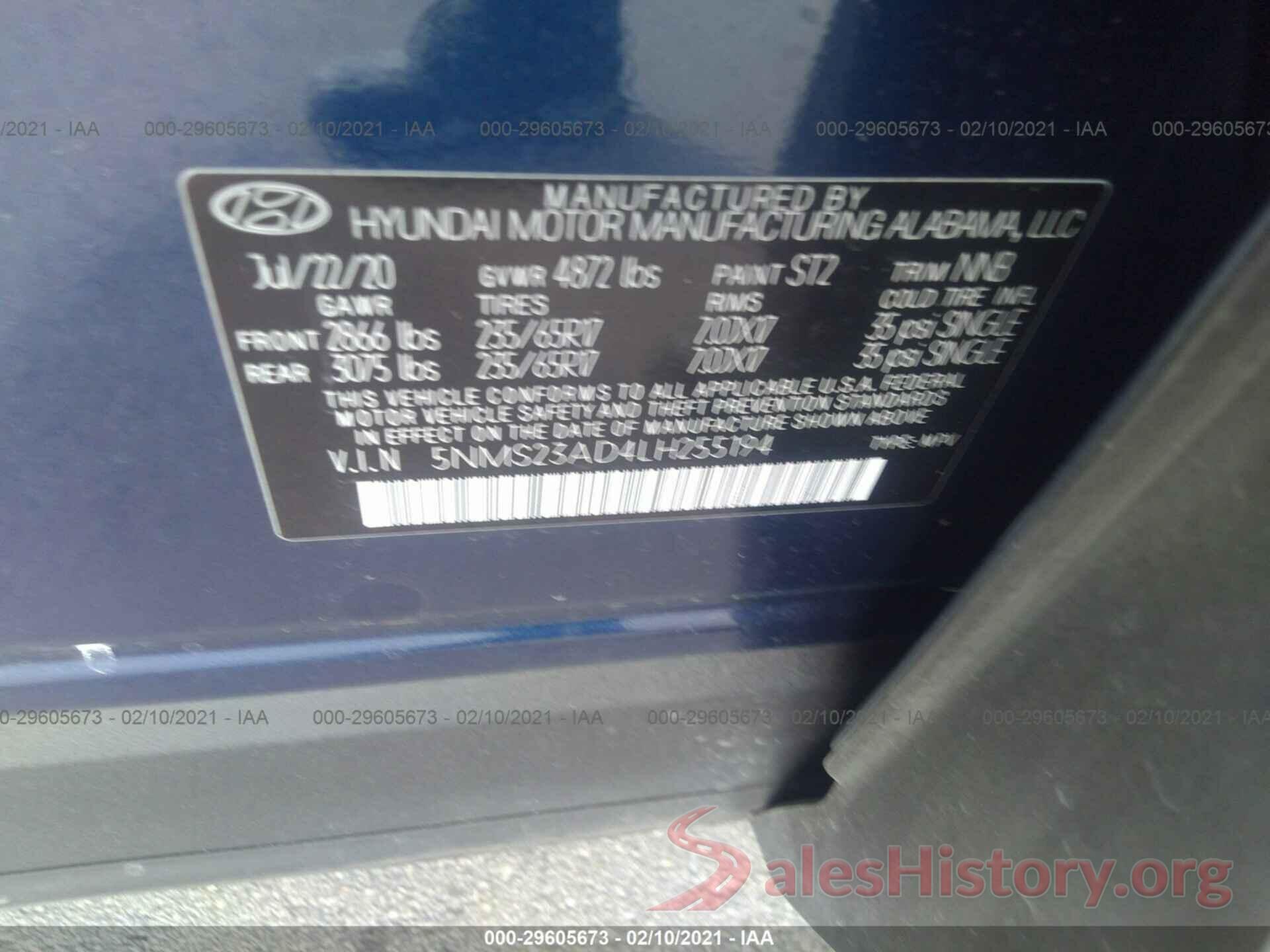 5NMS23AD4LH255194 2020 HYUNDAI SANTA FE