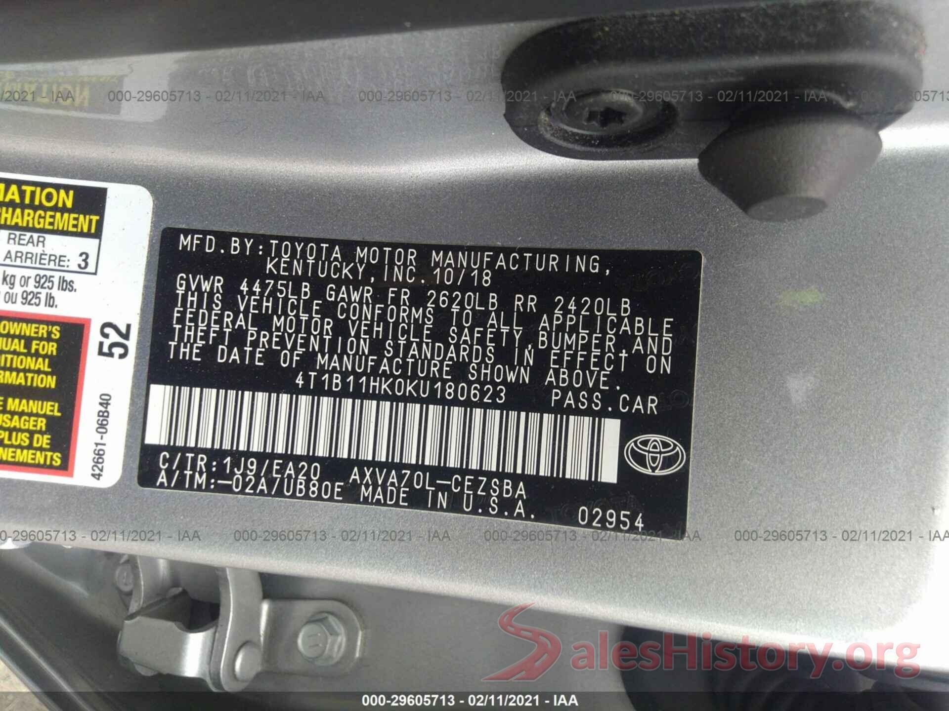 4T1B11HK0KU180623 2019 TOYOTA CAMRY