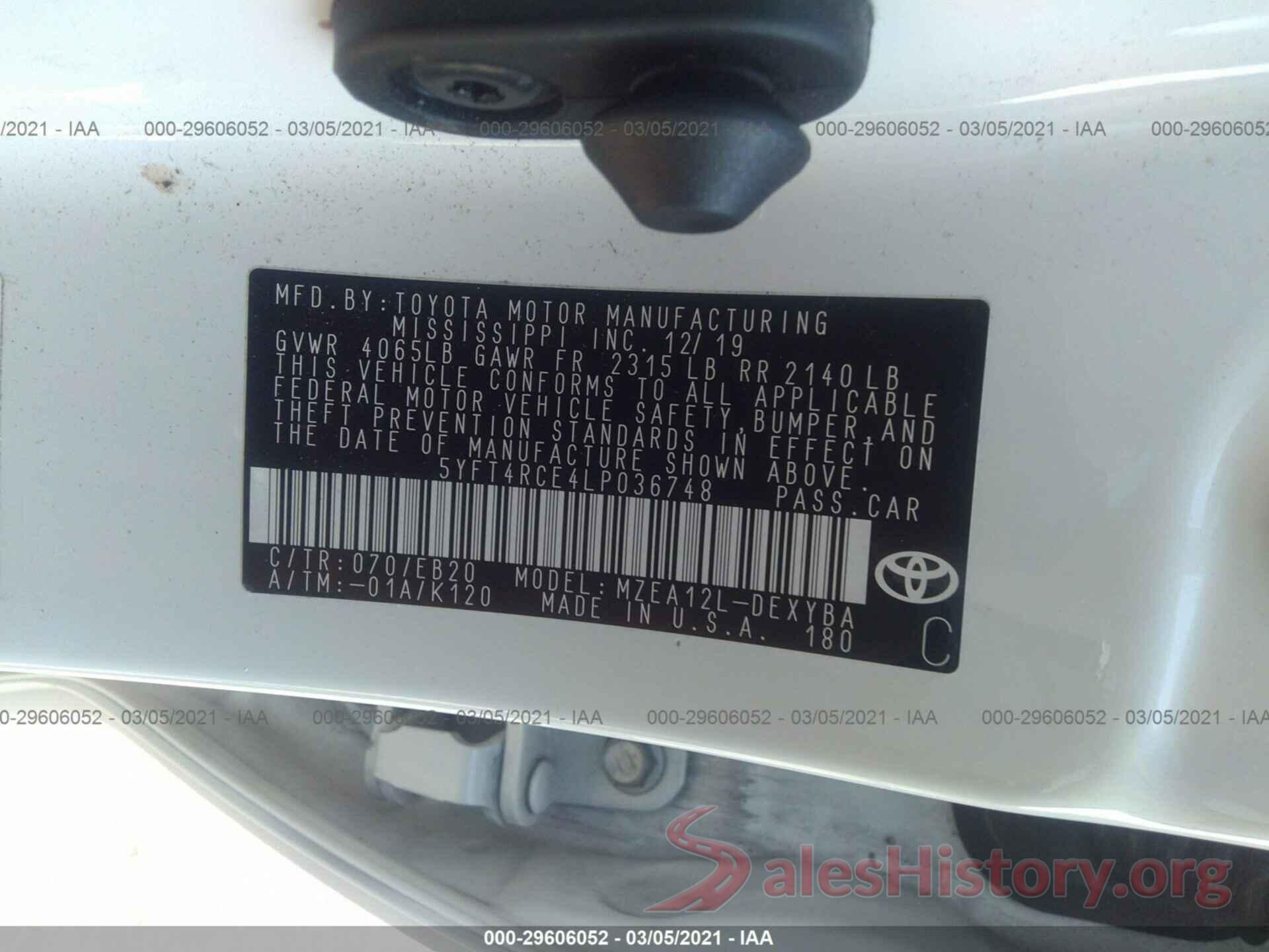 5YFT4RCE4LP036748 2020 TOYOTA COROLLA