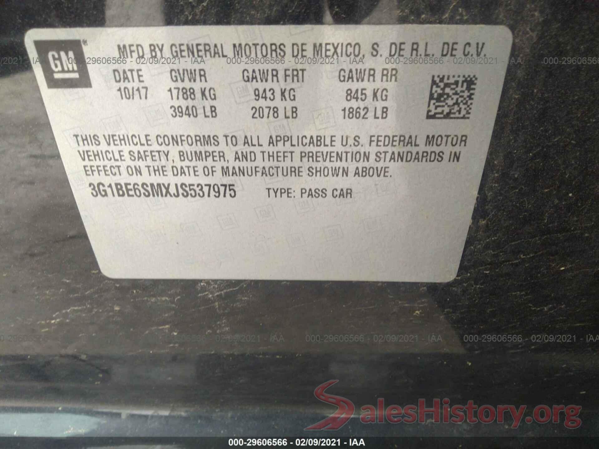 3G1BE6SMXJS537975 2018 CHEVROLET CRUZE