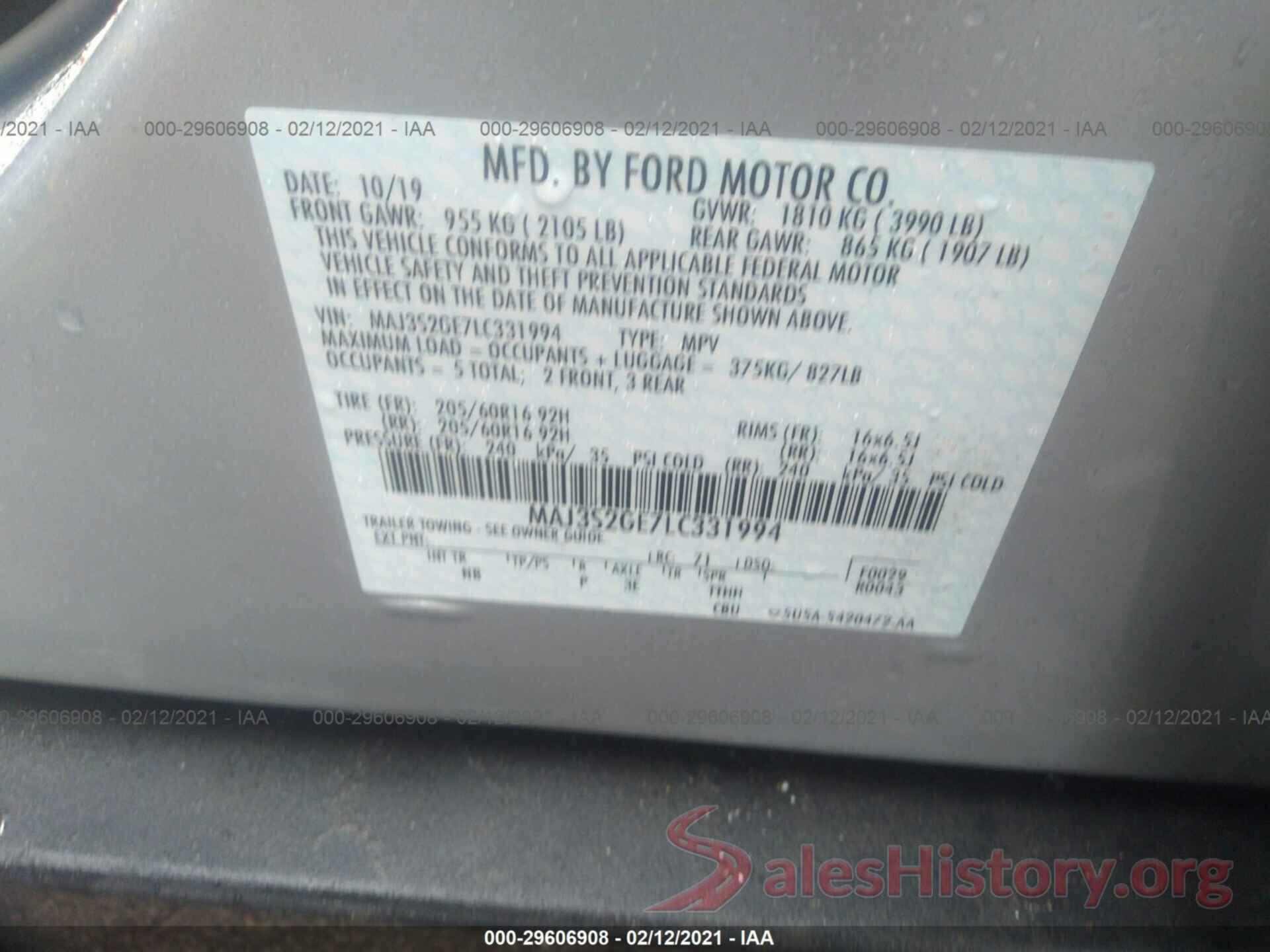 MAJ3S2GE7LC331994 2020 FORD ECOSPORT