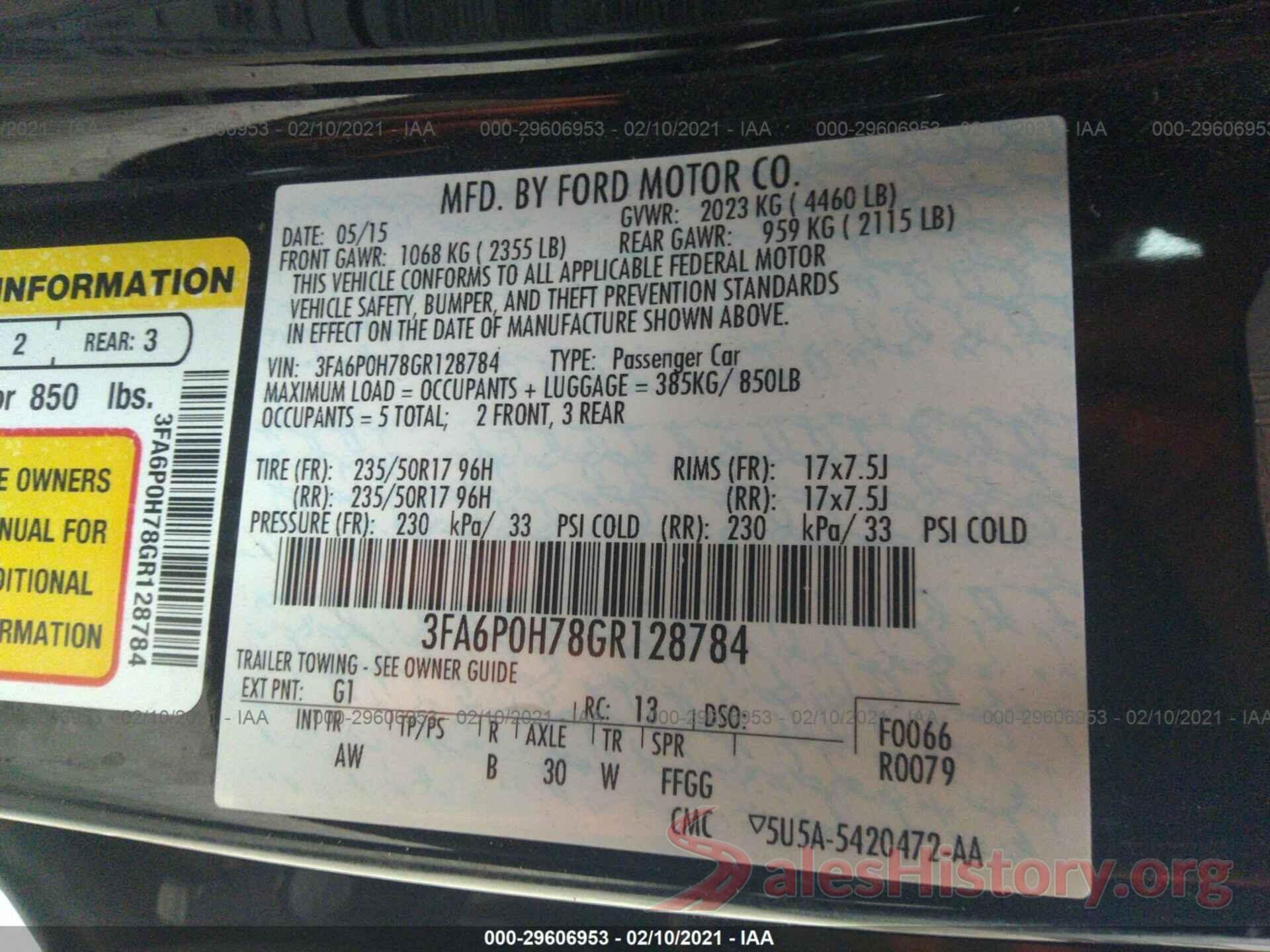 3FA6P0H78GR128784 2016 FORD FUSION