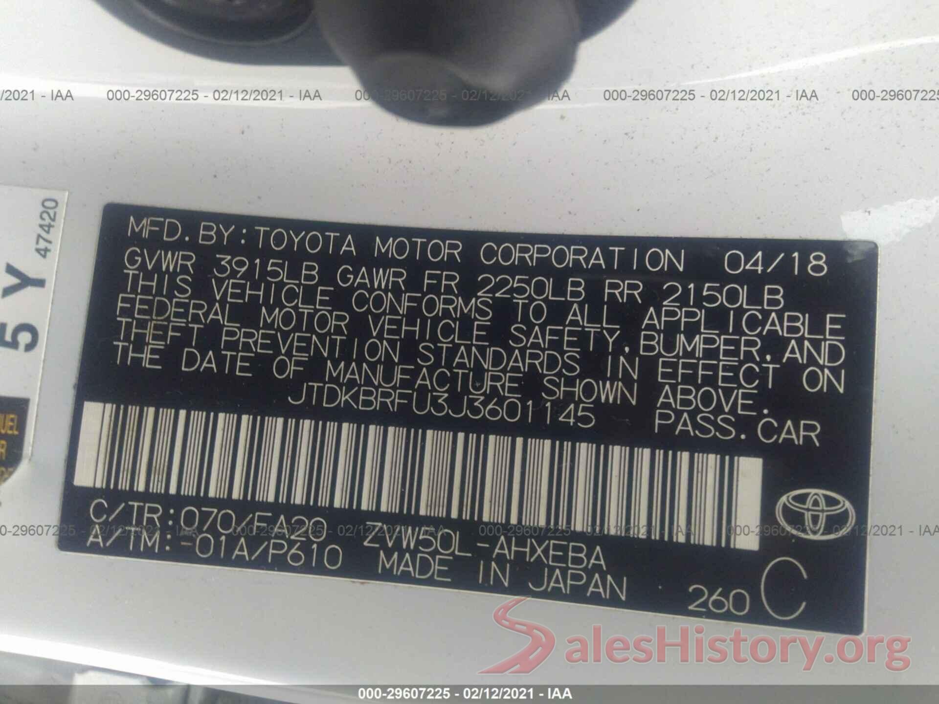 JTDKBRFU3J3601145 2018 TOYOTA PRIUS