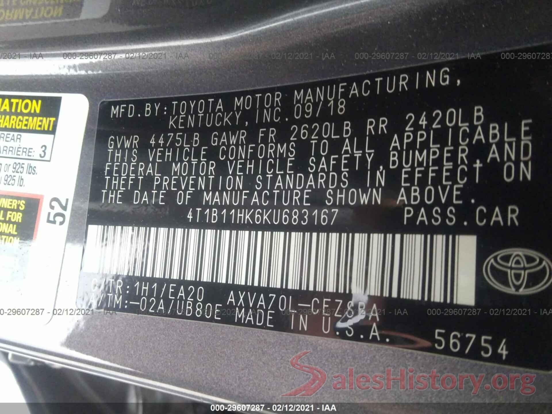 4T1B11HK6KU683167 2019 TOYOTA CAMRY