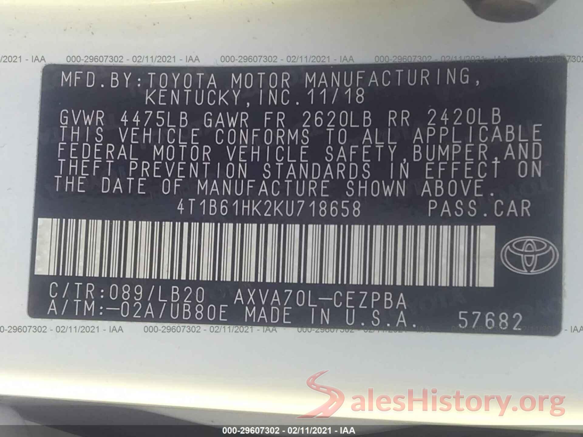 4T1B61HK2KU718658 2019 TOYOTA CAMRY