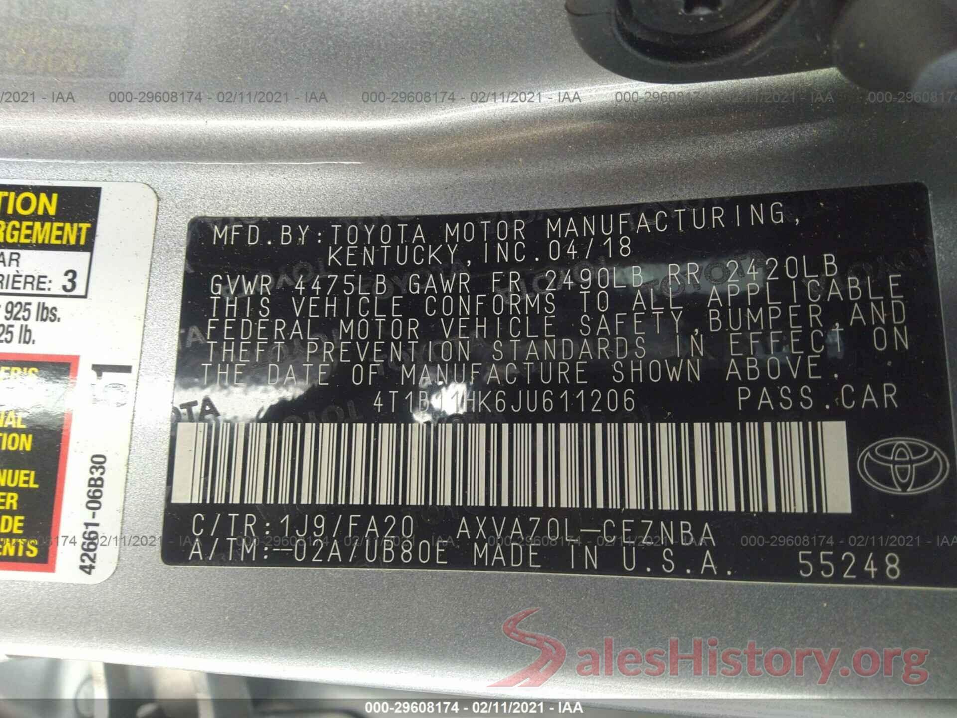 4T1B11HK6JU611206 2018 TOYOTA CAMRY