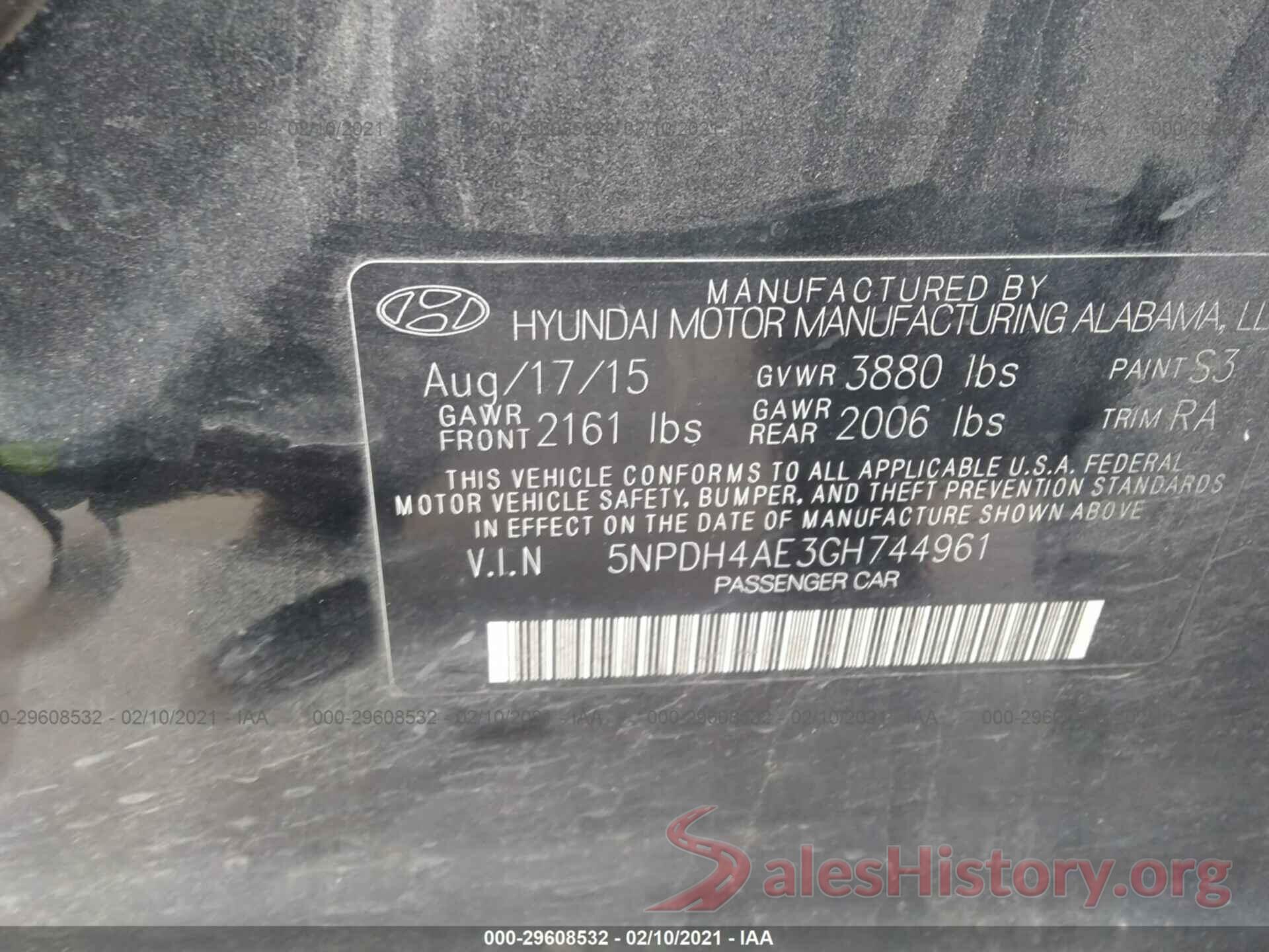 5NPDH4AE3GH744961 2016 HYUNDAI ELANTRA