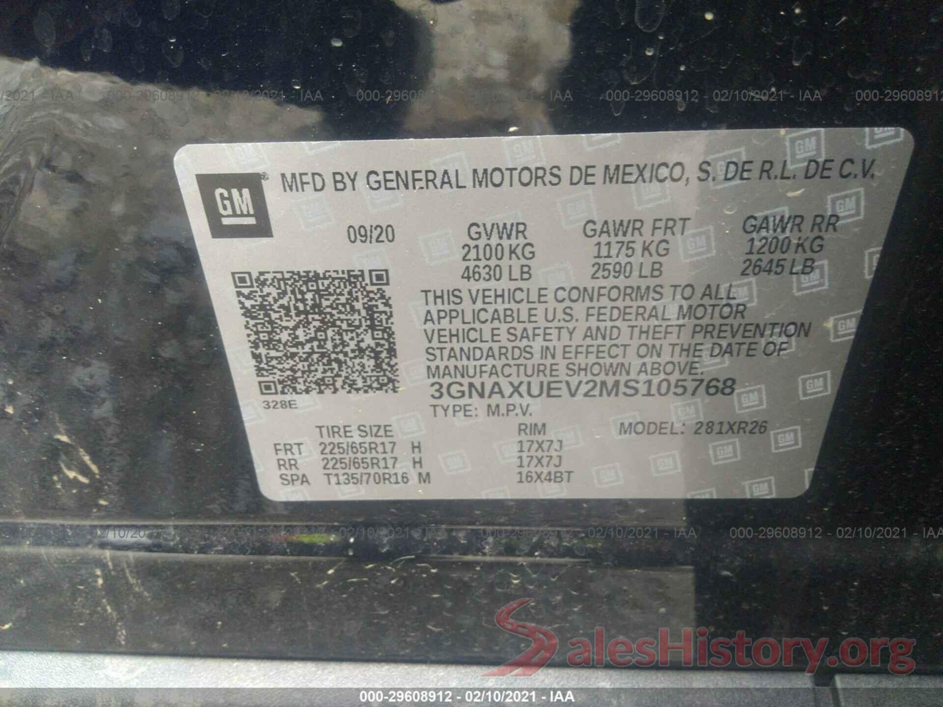 3GNAXUEV2MS105768 2021 CHEVROLET EQUINOX