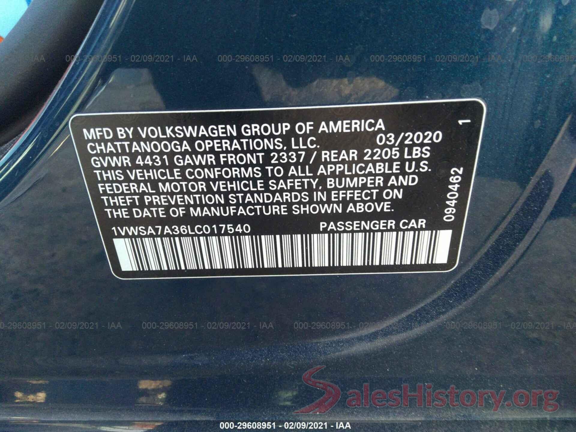 1VWSA7A36LC017540 2020 VOLKSWAGEN PASSAT