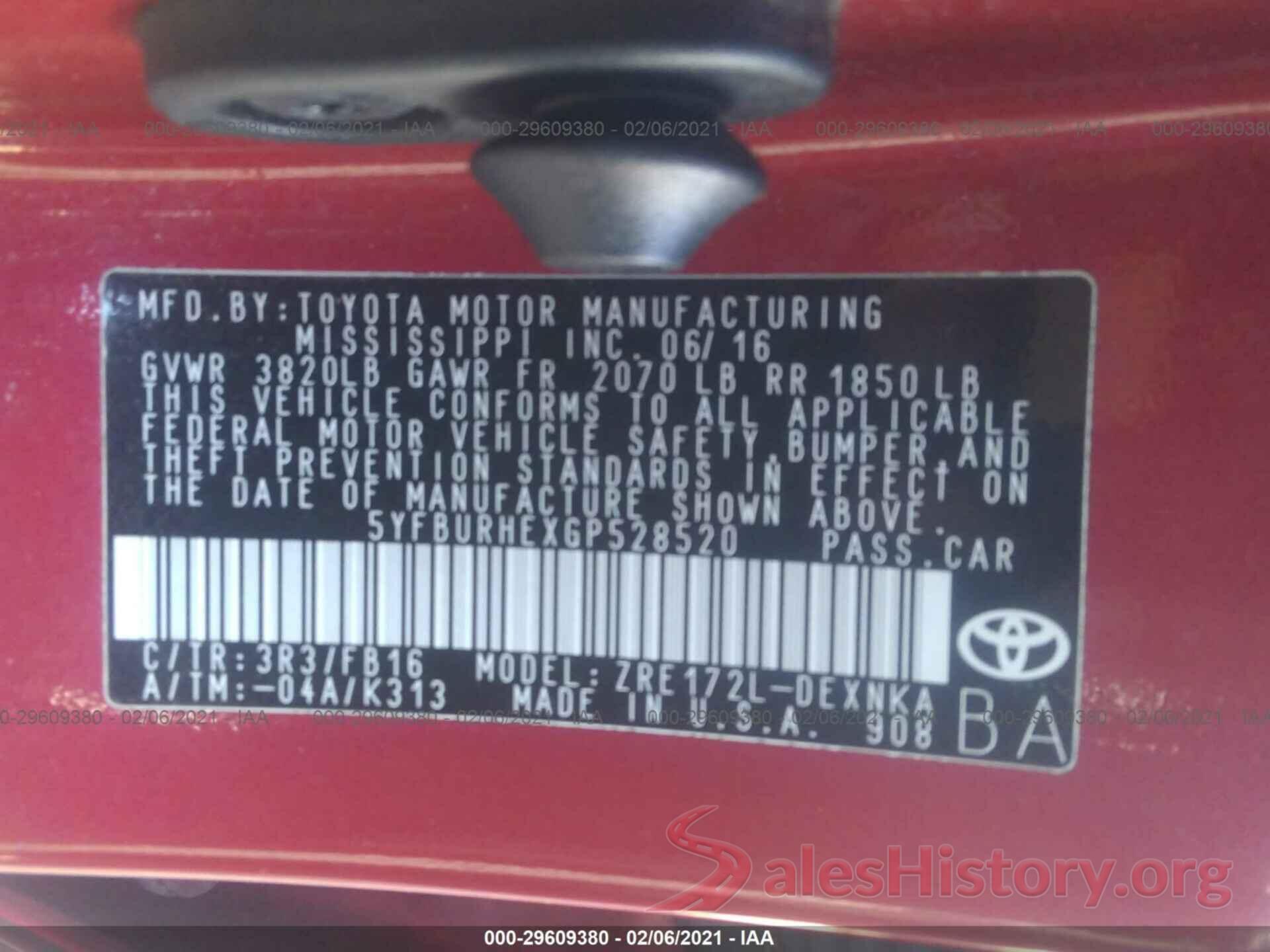 5YFBURHEXGP528520 2016 TOYOTA COROLLA