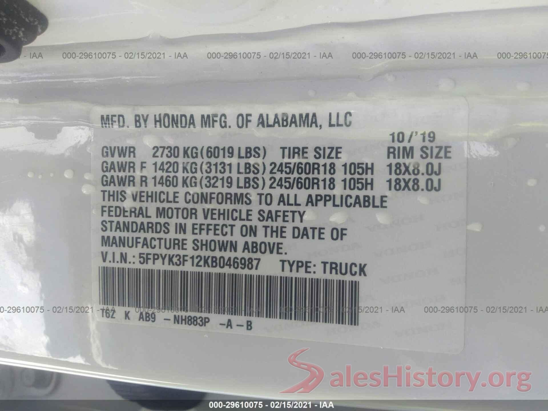 5FPYK3F12KB046987 2019 HONDA RIDGELINE