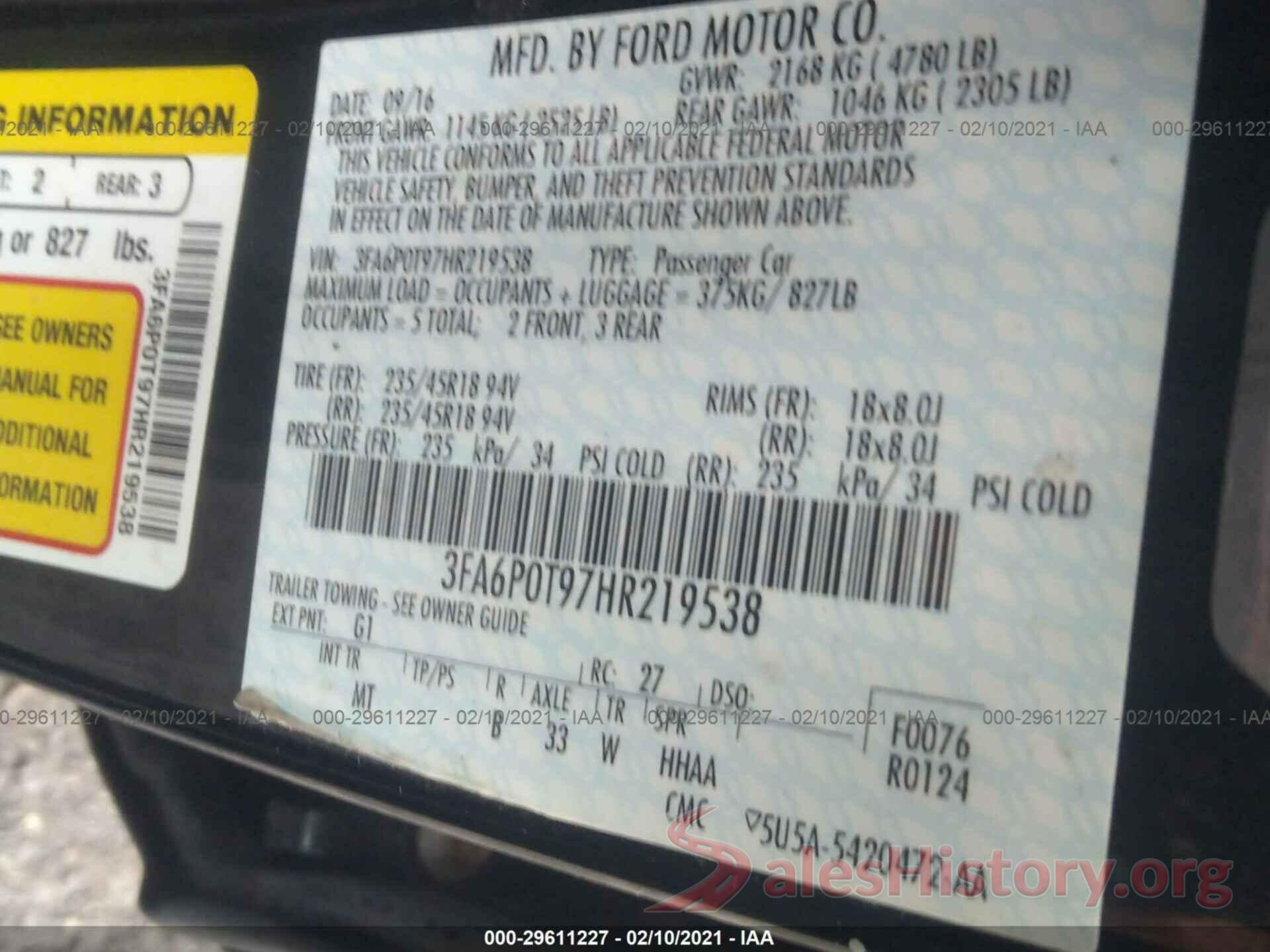 3FA6P0T97HR219538 2017 FORD FUSION