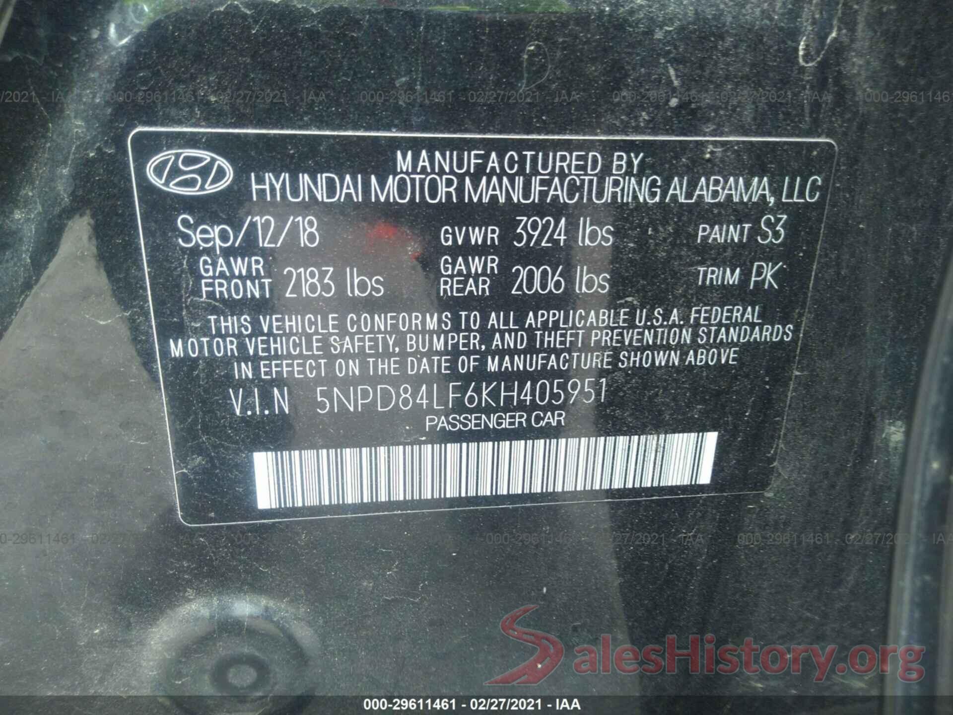 5NPD84LF6KH405951 2019 HYUNDAI ELANTRA